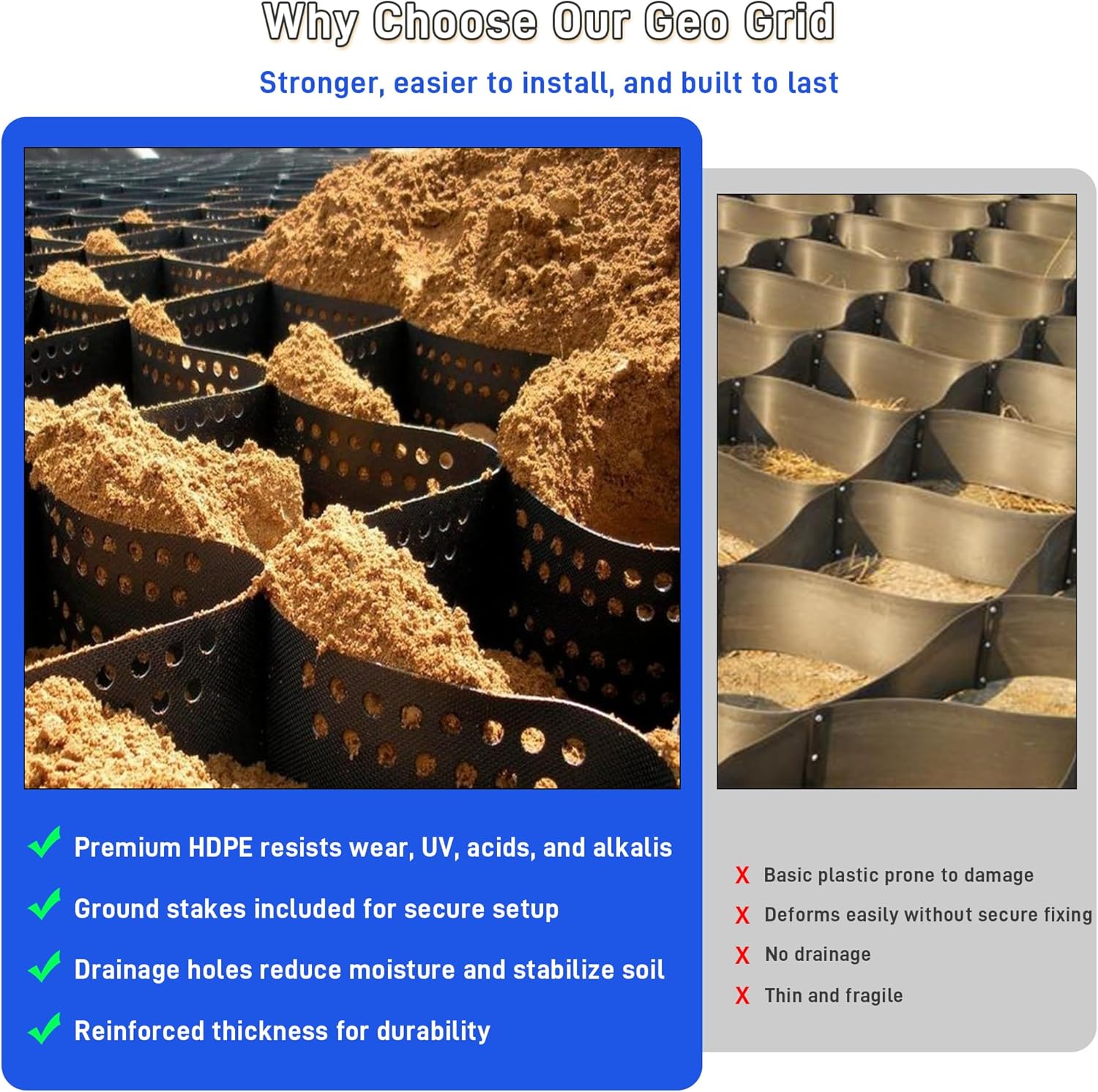 2" Depth Ground Grid, 30x9.8 FT Geo Gravel Grid Driveway 1885 lbs per Sq Ft Load, Geogrid Ground Stabilization System with Connection Buckles and Stakes for Driveways Walkway Slope Pathway & Garden