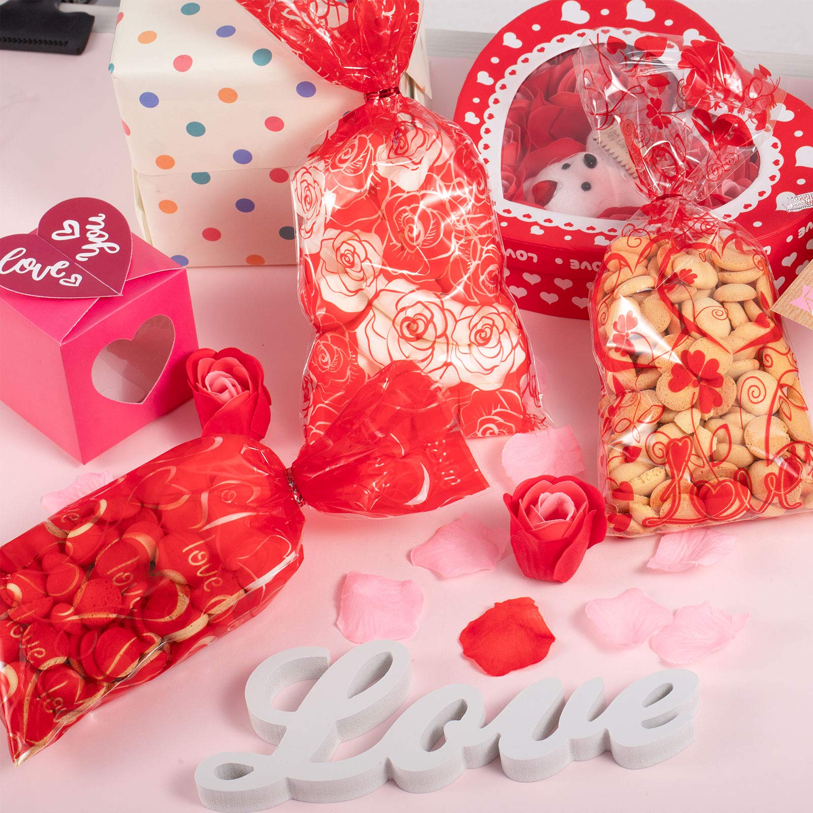 Whaline Zellophanbeutel Für Valentinstag – 150 Stück, 6 Designs, Mit Bindedraht, Rot, 13 X 29 Cm