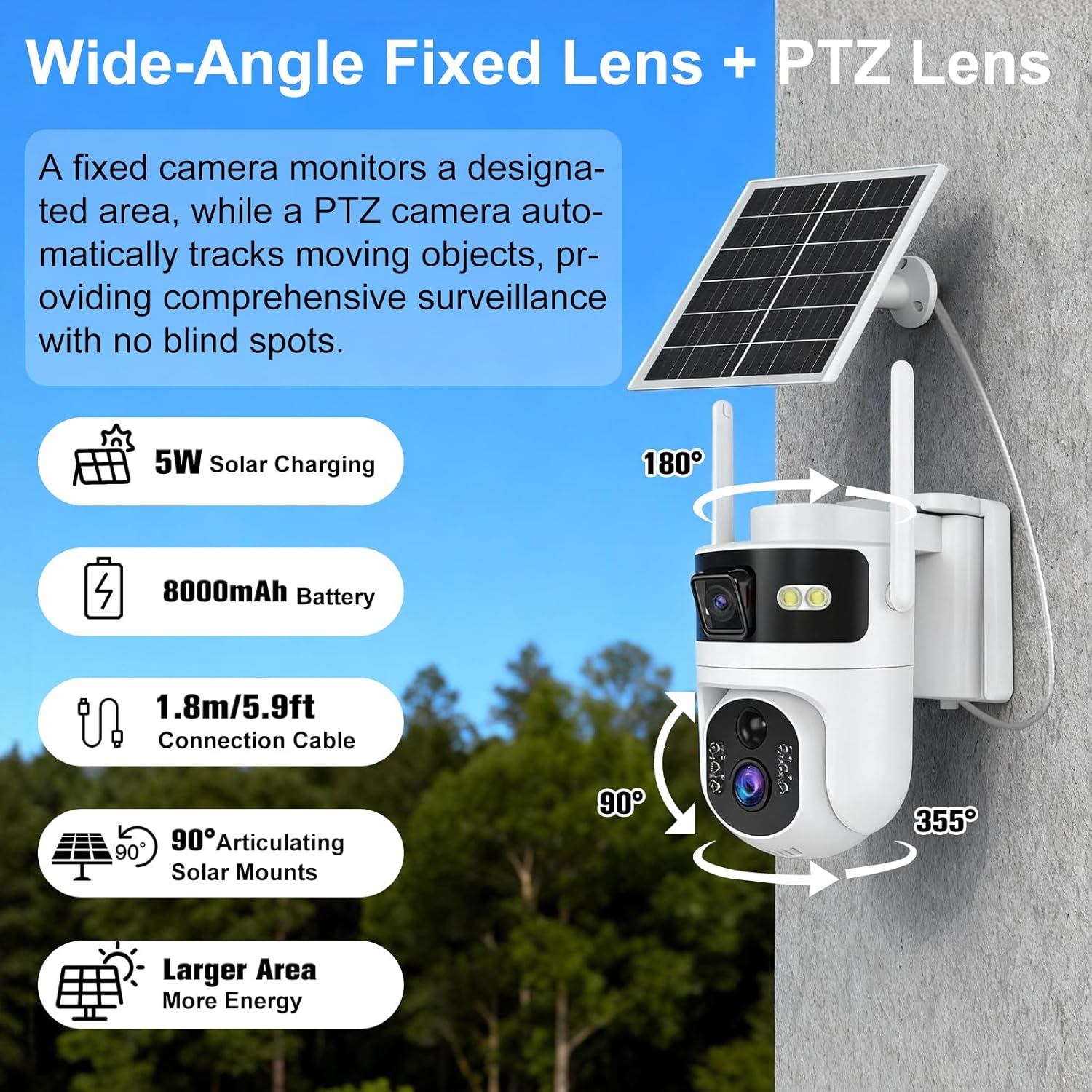 Dual Lens 4G LTE Cellular Security Camera Wireless Outdoor,365 Day Free Unlimited Data,No WiFi Solar Powered,360°Auto Tracking,2K Color Night Vision,PTZ Motion Dtetection,Tuya Smart Camera