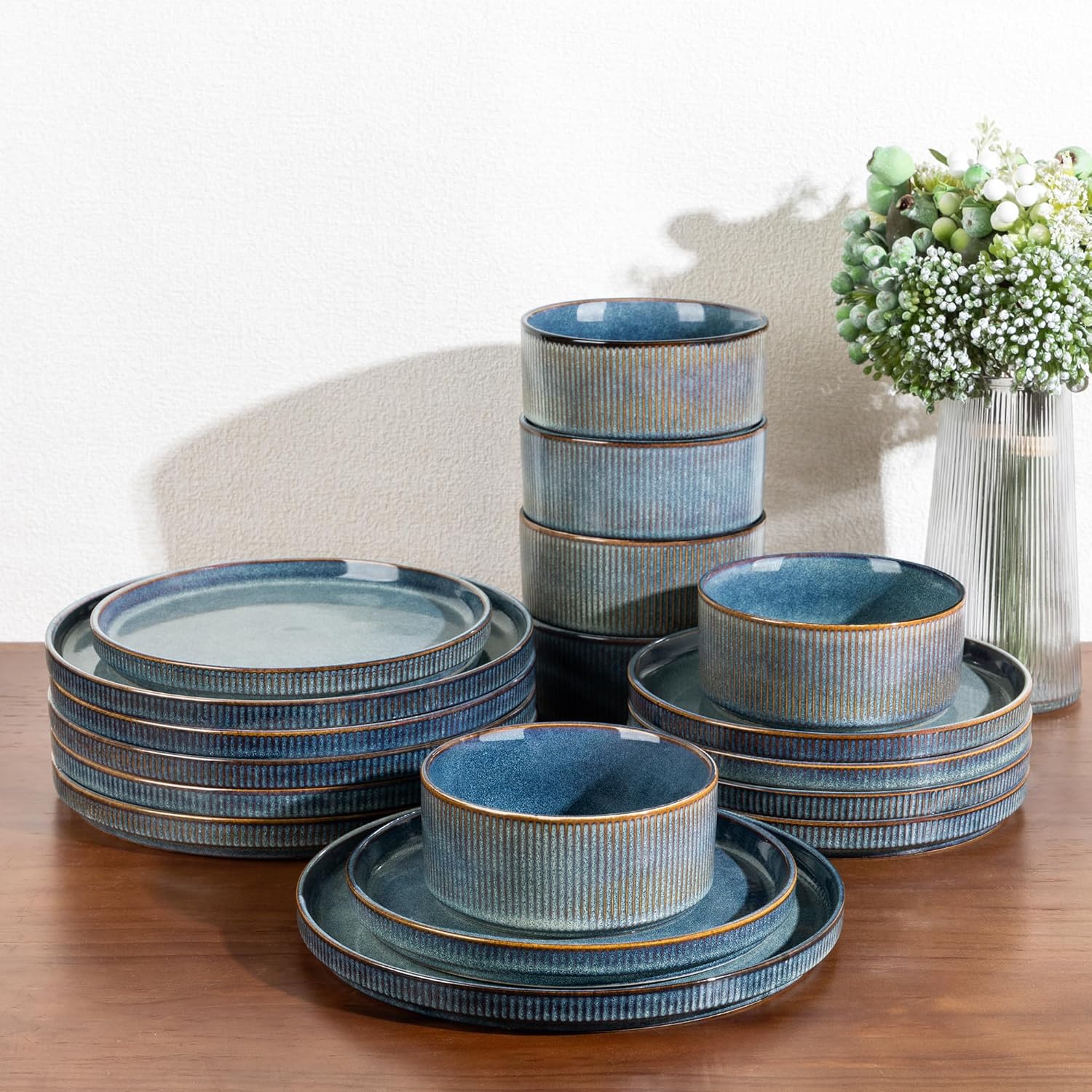 GBHOME Stoneware Dinnerware Sets for 8,Round Reactive Glaze Ceramic Plates and Bowls Set,Highly Scratch Resistant| Dishwasher & Microwave Safe Dishes Set,Service for 8(24Pcs),Ceylon Blue