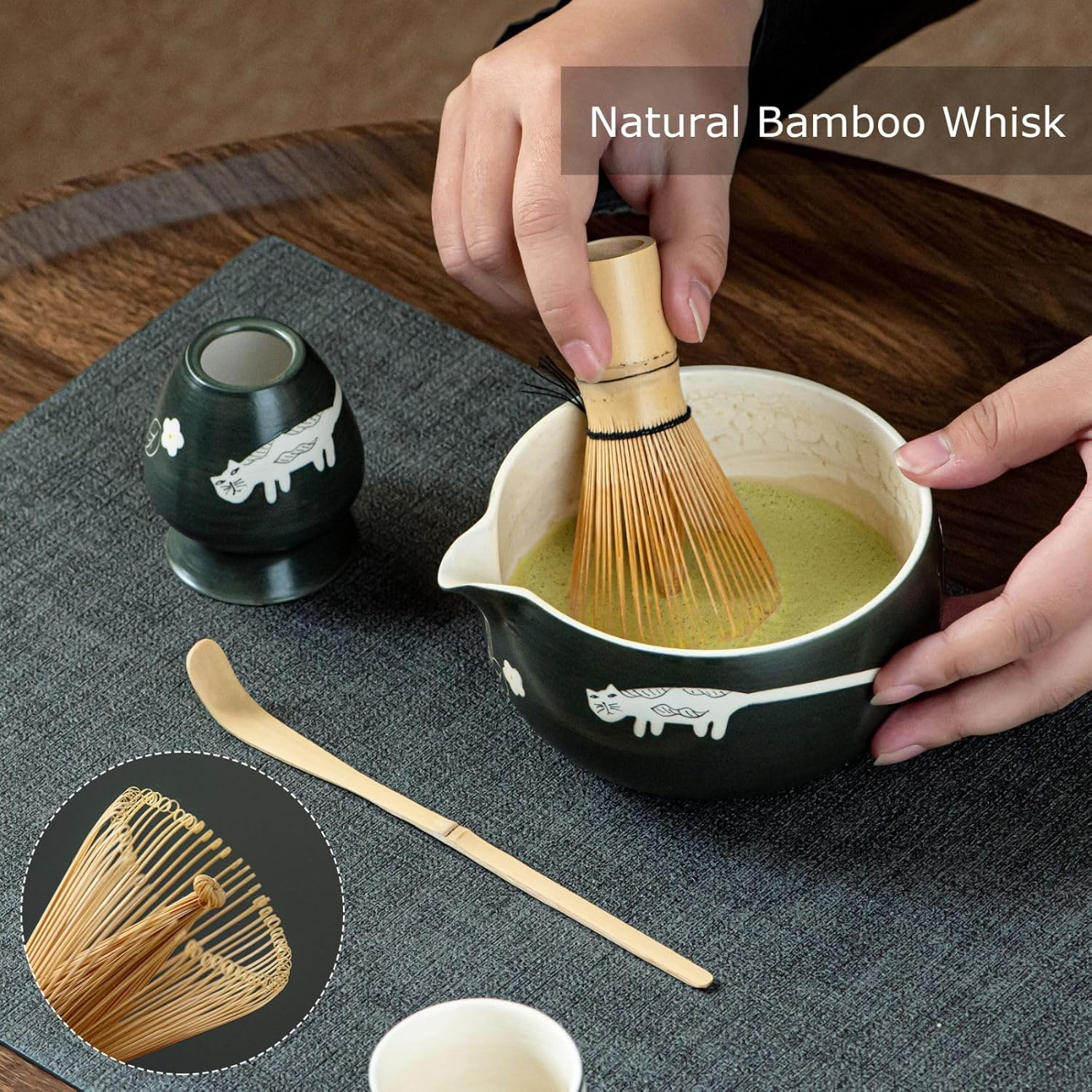 Unique Cat Matcha Tea Set, Matcha Bowl with Spout, 2 Cups, Bamboo Whisk, Chasen Holder & Scoop, 6 Pcs Matcha Set for Tea Ceremony & Unique Gift for Matcha Lover - Image 4