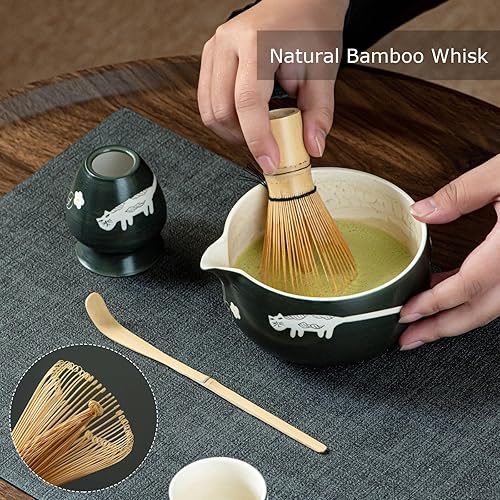 Miniatura 4 de Juego de té Matcha único para gatos, cuenco de matcha con boquilla, 2 tazas, batidor de bambú, soporte y cuchara, juego de 6 piezas de matcha