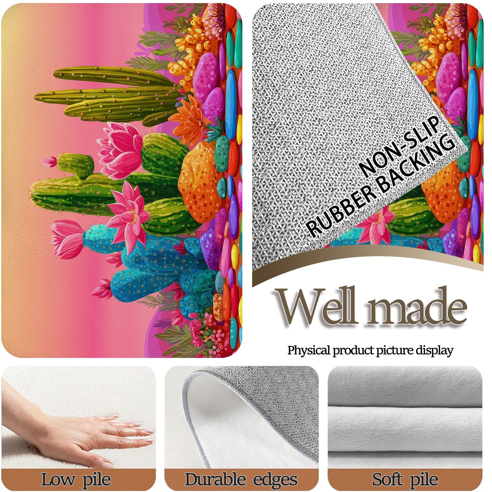 Area Rugs - Alfombra antideslizante lavable con diseño de flores de cactus de 140 x 200 cm, alfombra antideslizante para dormitorio, sala de estar, alfombra de suelo de pelo corto que no se desprende