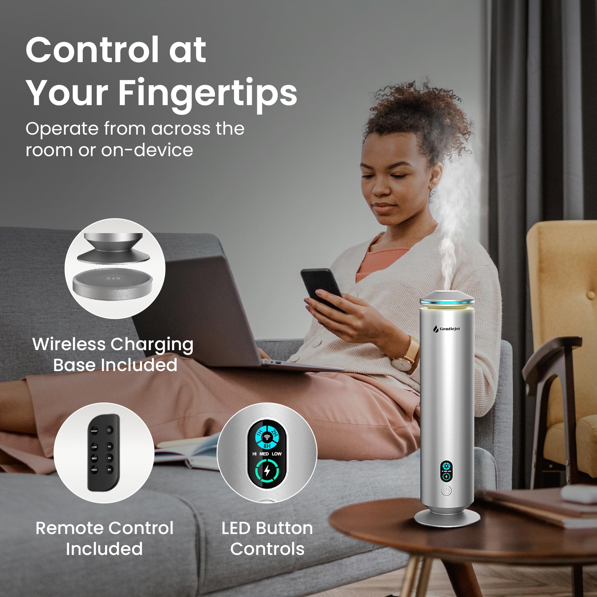 GentleJet MajesticMist - Diffusore di oli essenziali ricaricabile in alluminio senza acqua, con ricarica wireless, diffusore di aromi silenzioso, diffusori di profumi per casa, camera e hotel