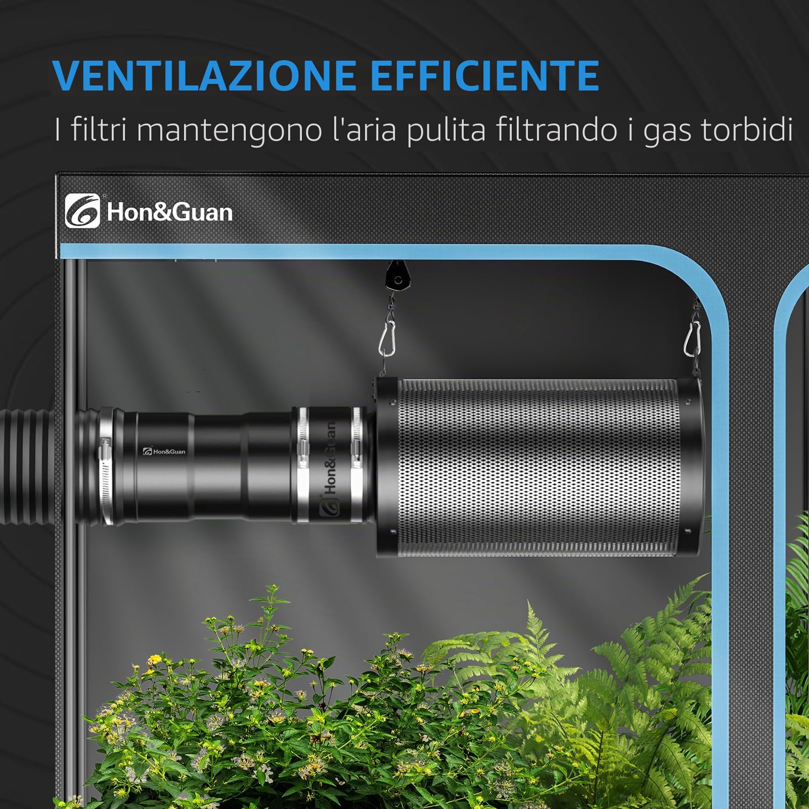 Hon&Guan 100 mm 221 m³/h Set di Ventilazione, Include Ventilatore a velocità Regolabile, Filtro al Carbone, Tubo Flessibile, Connettore in Gomma, per Tenda 60 x 60 cm, 80 x 80 cm