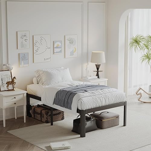 Miniatura 2 de Marco de cama individual de 14 pulgadas de alto, no necesita somier, marco de cama de metal con plataforma individual, resistente, sin ruido, fácil