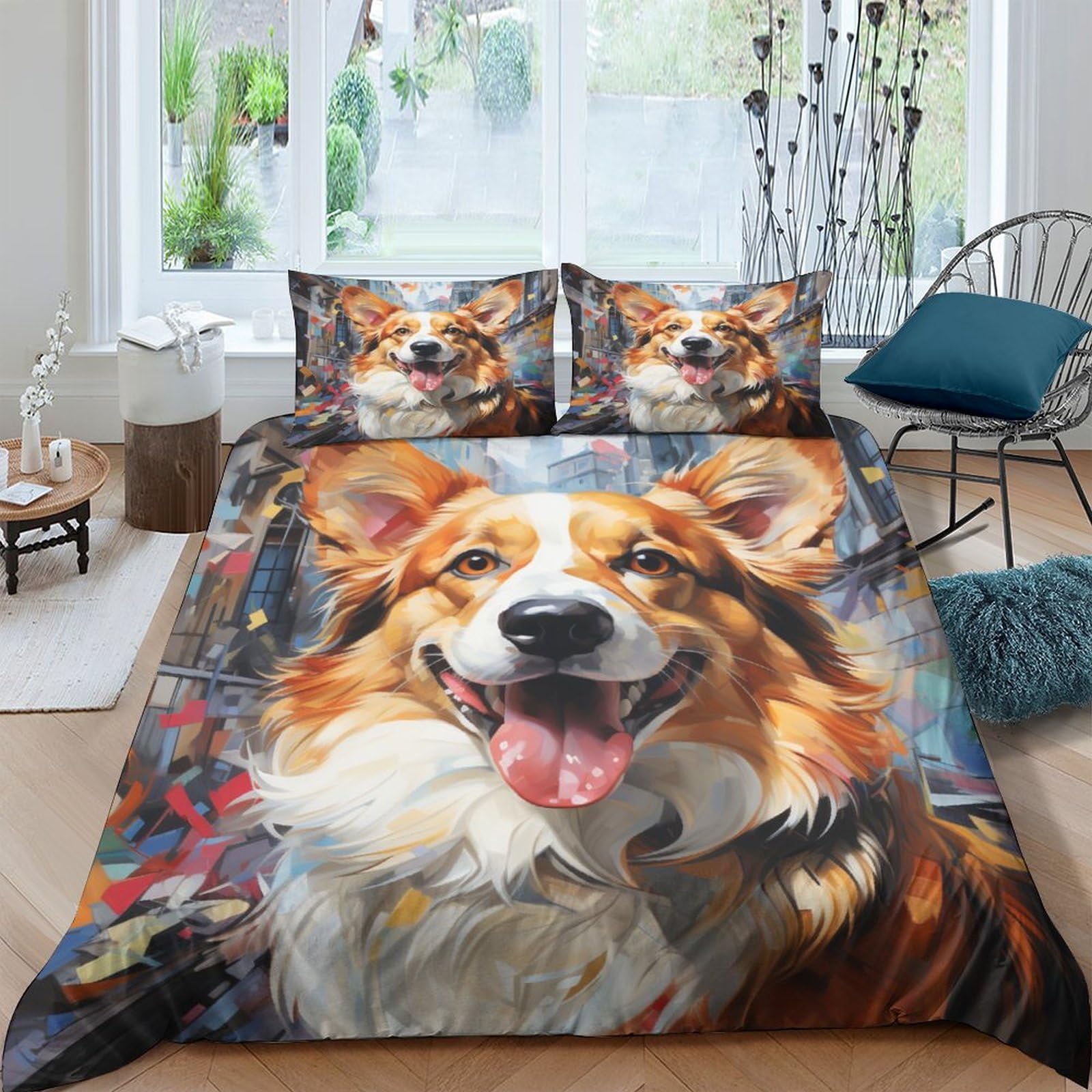 Housses de couette avec fermeture motif chien corgi 3D parure de lit enfant 3 pièces