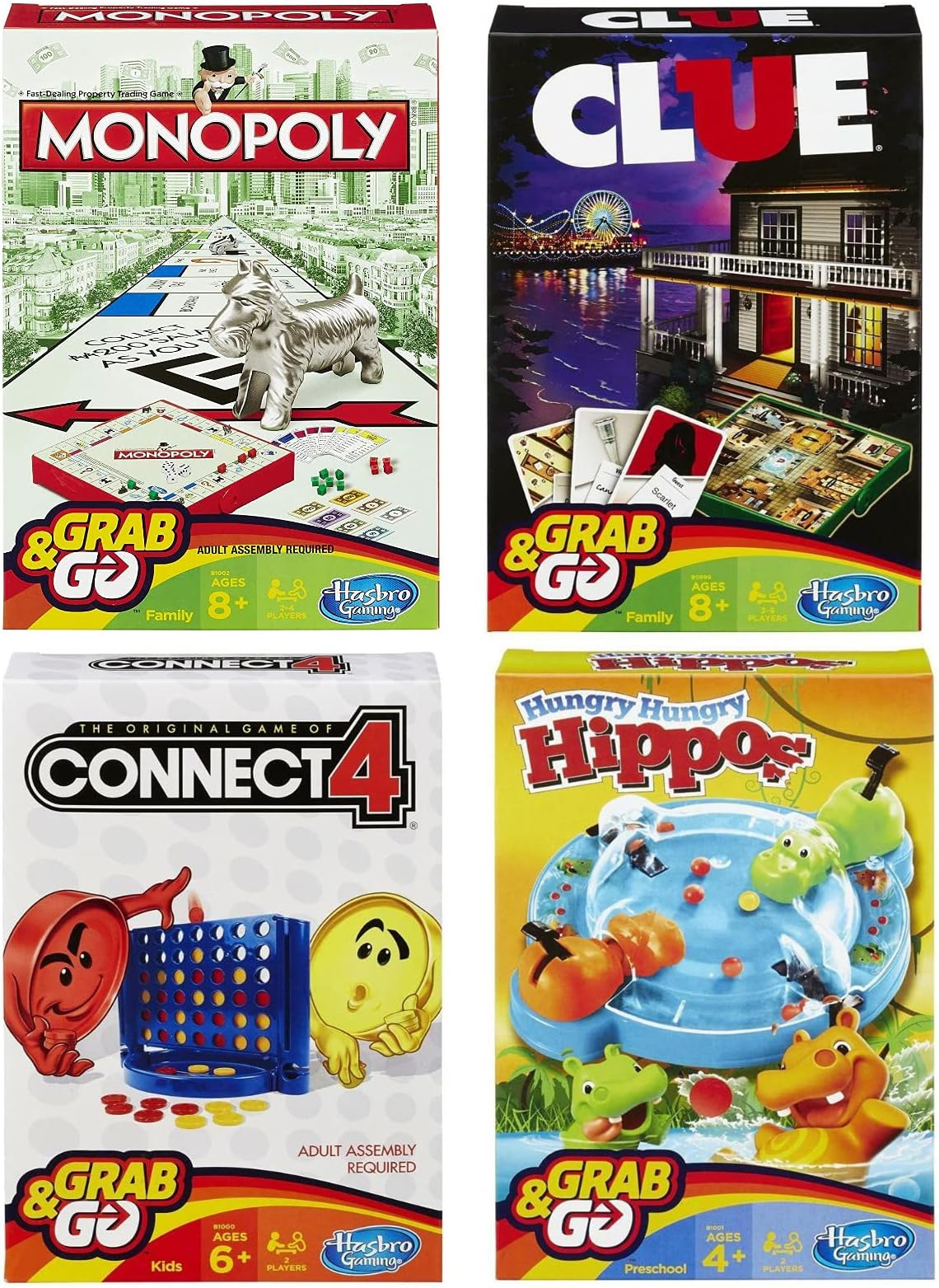 Hasbro Family Grab & Go Variety Pack Bundle Clue, Monopoly, Connect 4, and Hungry Hungry Hippo Board Games