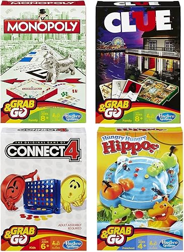 Hasbro Paquete variado Family Grab and Go Clue Monopoly Connect 4 y Hungry Hungry Hipopótamos Travel Size Games 4 artículos