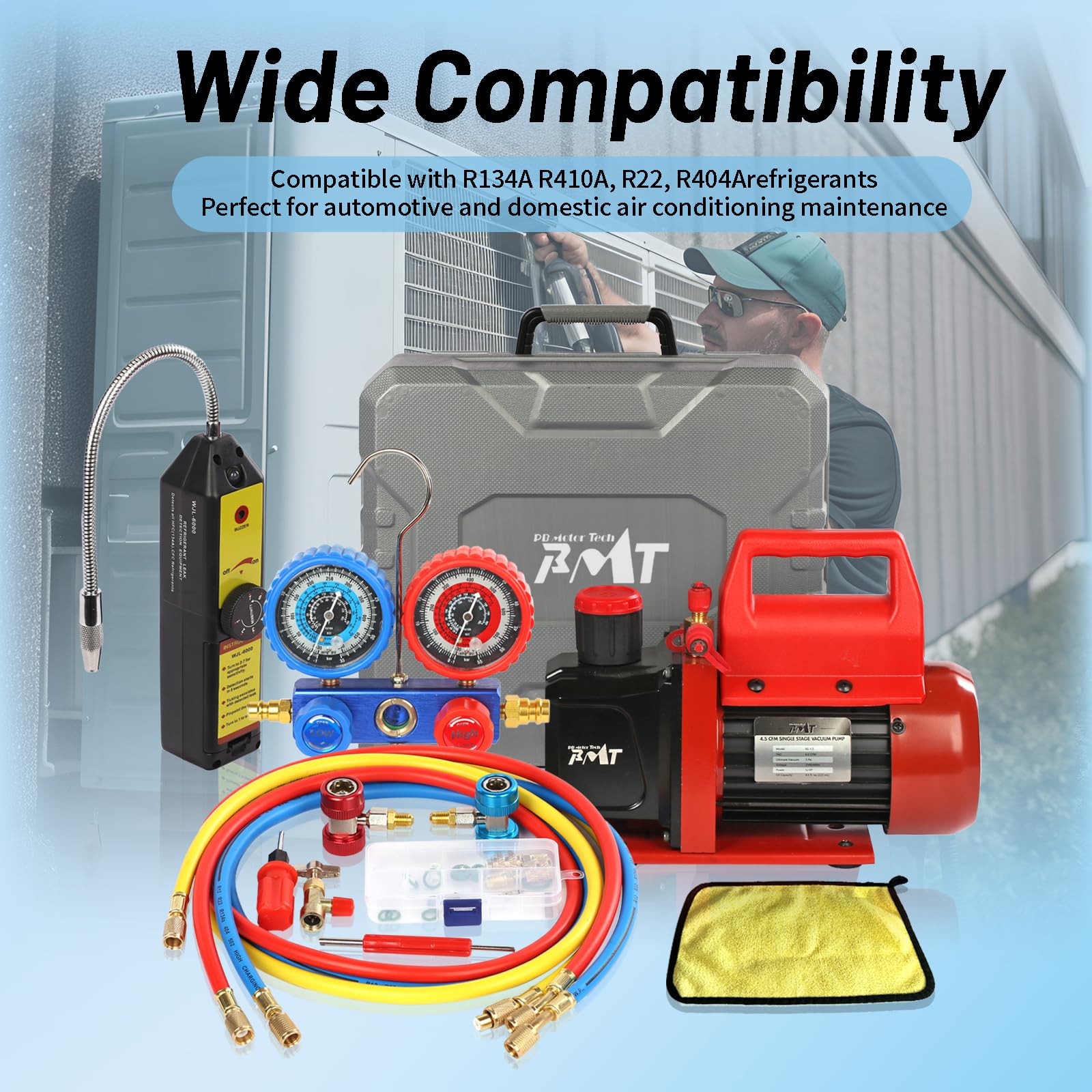 PB Motor Tech Vakuumpumpe & Messgerät-Set - 4,5 CFM-Pumpe mit 3-Wege-Aluminium-Verteilermesser, mit Leckage-Detektor und PVC-Aufbewahrungsbox – für R134A, R410A, R22, R404A Kühlmittel und AC-Wartung