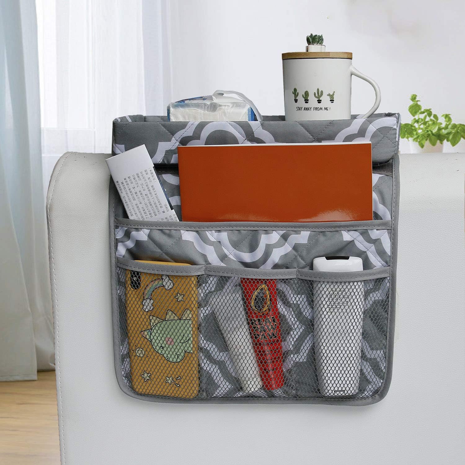 MDSTOP Sofa Armrest Organizer Caddy with Cup Holder Tray, TV Remote Control Holder, Couch Armchair Caddy Fits for Cups, Game Controller, Pens, Magazines, Snacks, Glasses (Grey, 32" × 13")