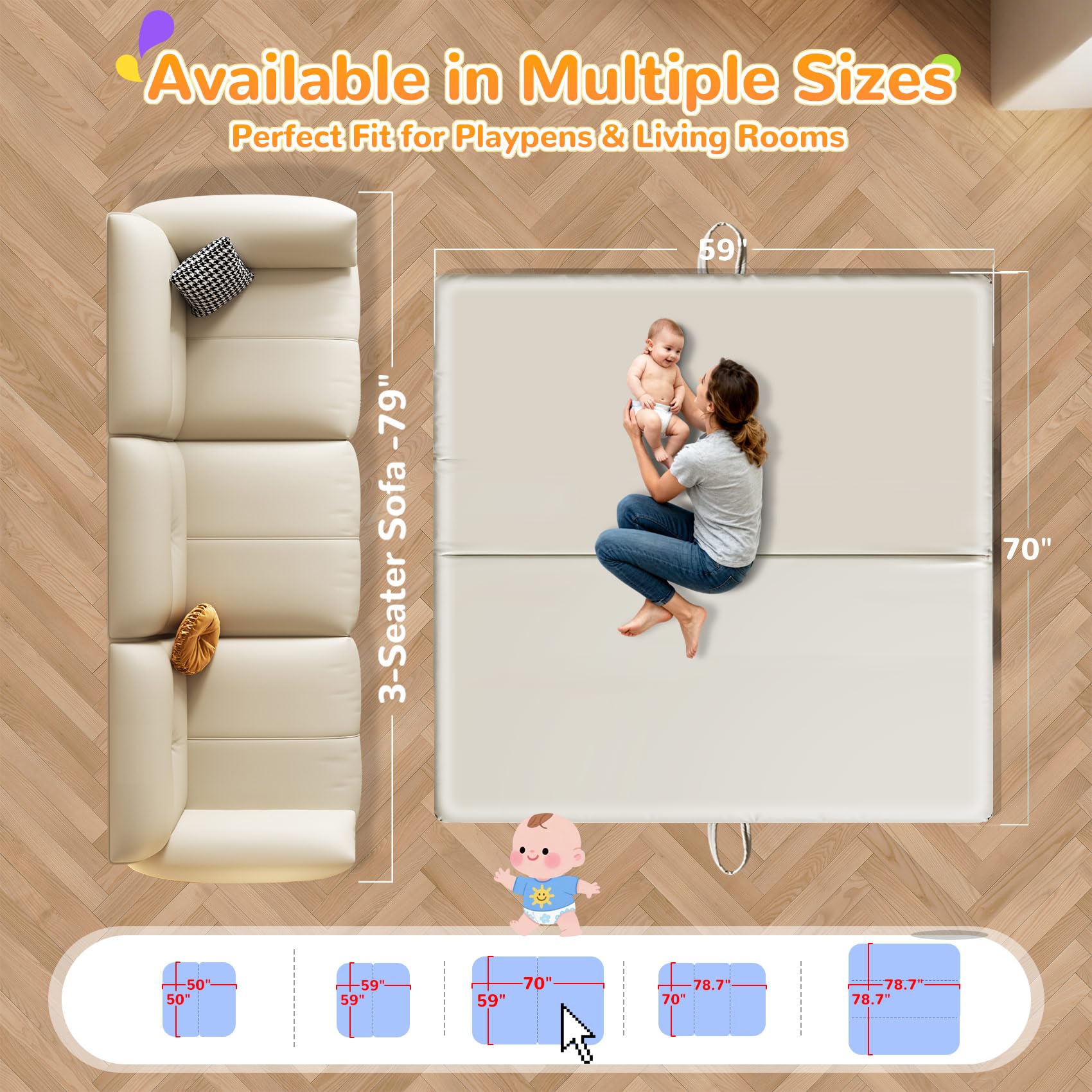 Baby-Spielmatte aus PU-Leder, 3,6 cm dick, faltbar, wasserdicht, 70 × 59 cm, ungiftig, leicht zu reinigen, verdickter Schaumstoff gepolstert, perfekt für Bauchzeit und Krabbeln, Babys und Kleinkinder