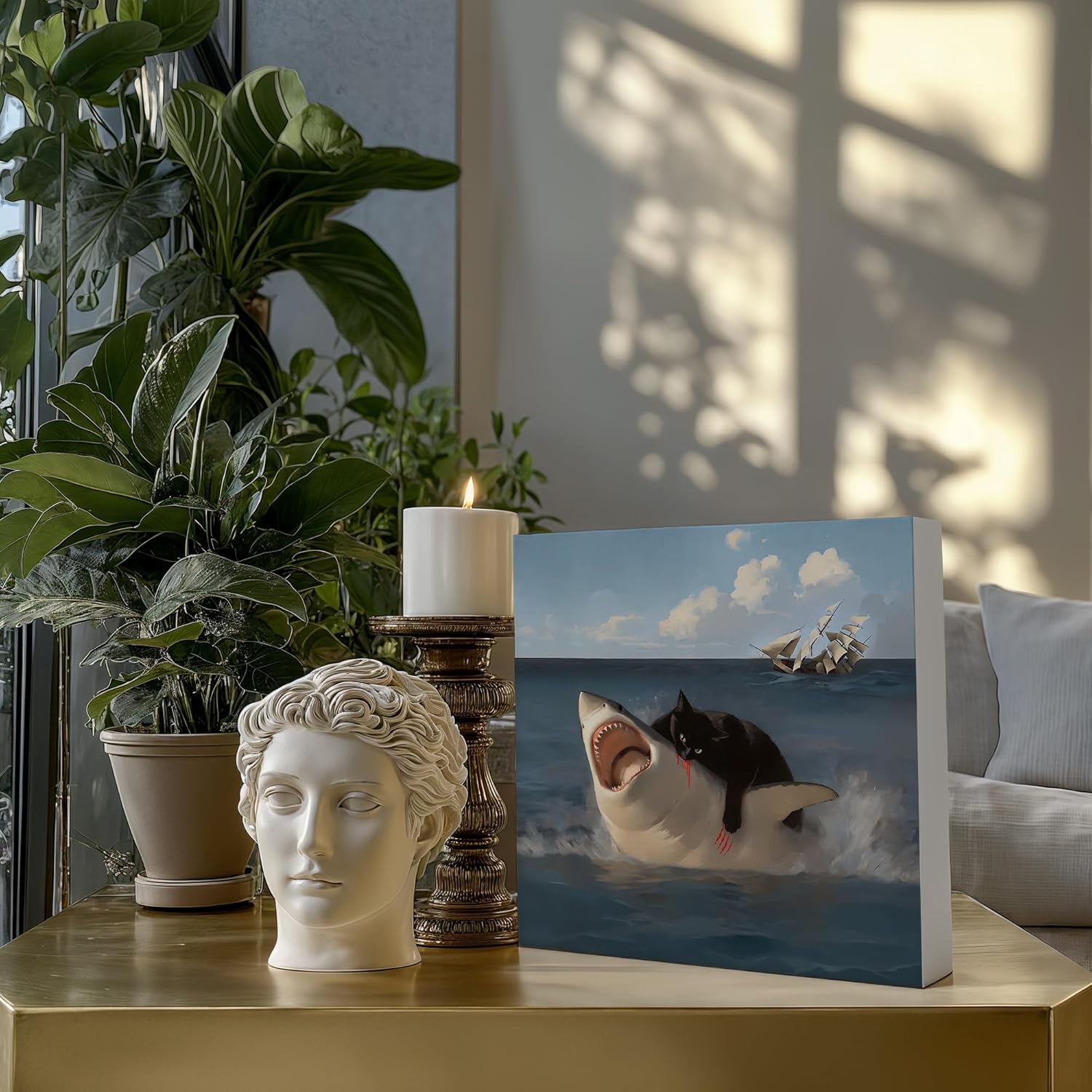 Funny Shark Desk Home Table Decor Sign,Black Cat Attack Shark Decor, 5x5 Inch - Image 2