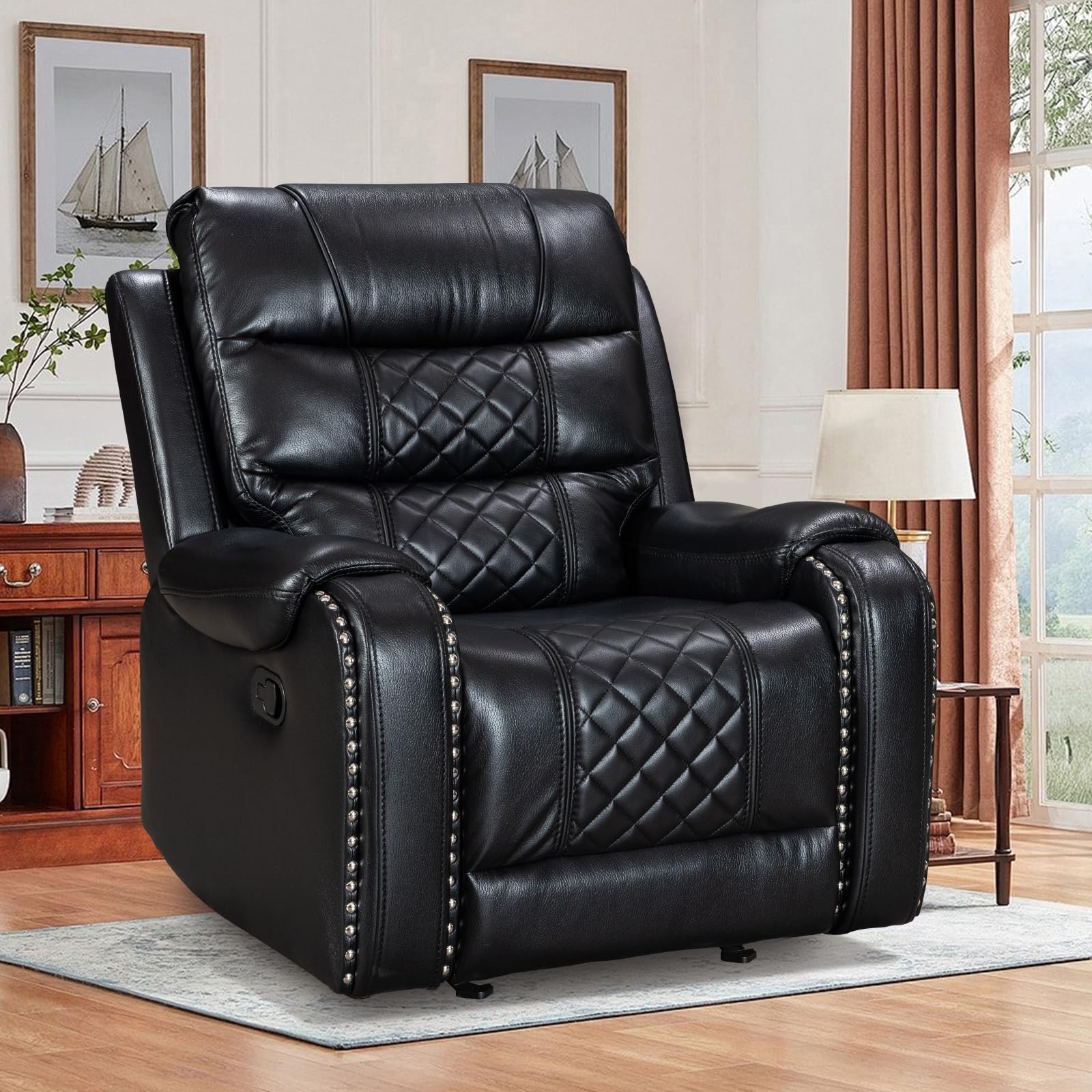 Photo 1 of ***STOCK PHOTO FOR REFERENCE ONLY*** ***TRUCK/TRAILER PICKUP ONLY*** KISSLIVE Manual Rocking Recliner Chair, 36" Wide Black PU Leather with Diamond Stitching, 350 lbs Capacity, 90-165° Recline (Black)