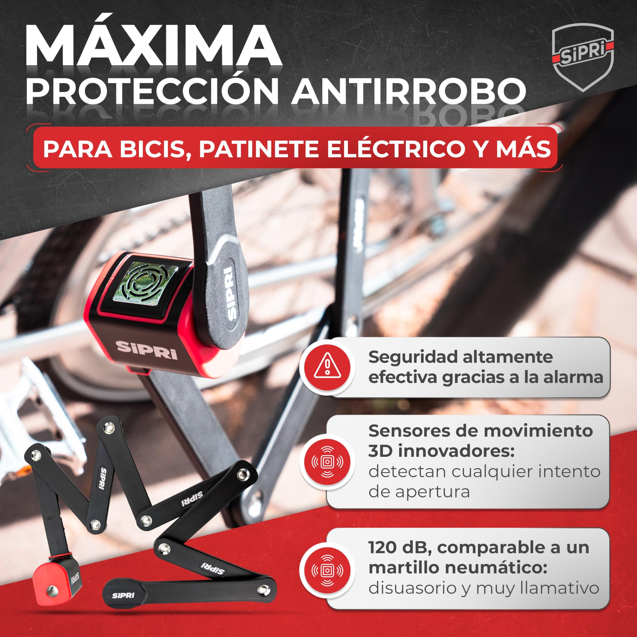 SIPRI® Candado plegable para bicicleta con alarma 120 dB | Candado plegable