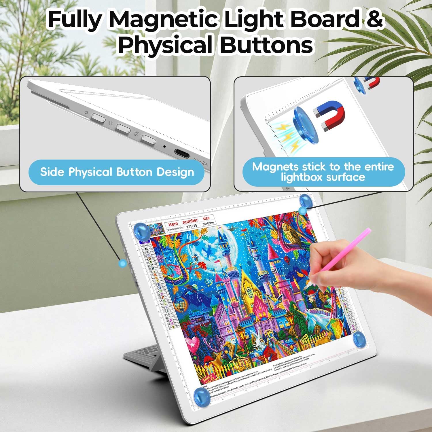 Heanolier Rechargeable A4 Light Board with Stand & Padded Case,7100Lux Bright Magnetic Light Pad with Side Buttons,Wireless Light Box for Tracing,LED Light Table for Diamond Painting,Sketching(White)