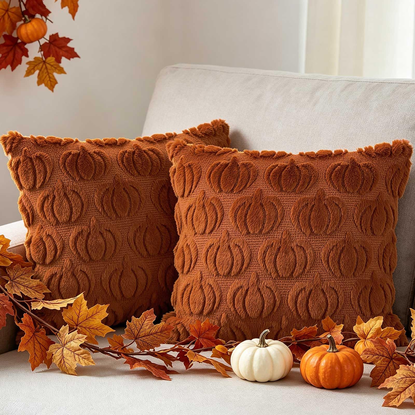 Benjia Fall 12x12 Throw Pillow Covers Set of 2, Autumn Rust Pumpkin Throw Pillow Cases Soft Plush Faux Fur Wool 30 x 30 cm Autumn Cushion Case for Indoor Home Bedroom Couch Sofa Decor (Rust Red)