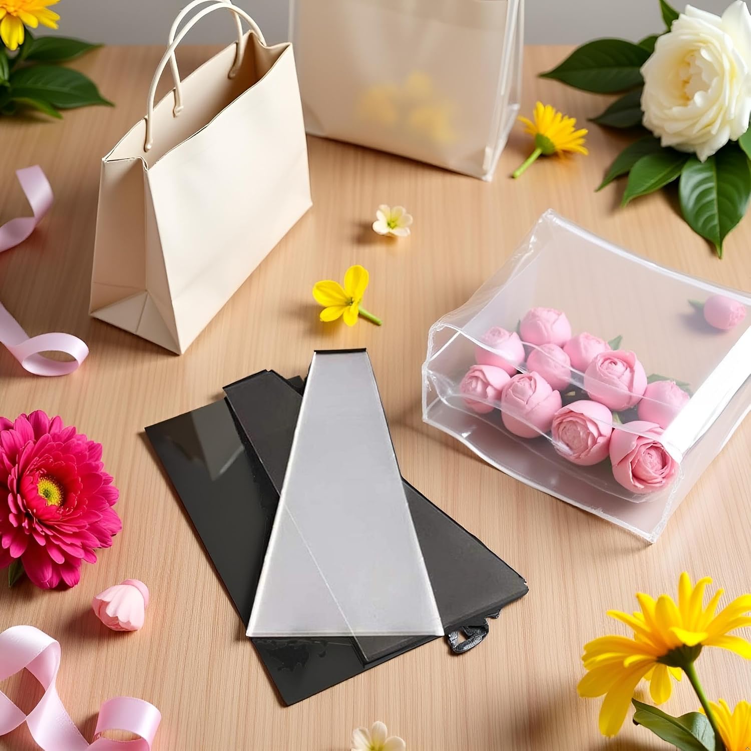 100 Pcs Clear Plastic Flower Bouquet Bag Sleeve Transparent Cellophane Bags Rose Packaging Wrap Cellophane Bags for Valentine's Day, Gift Wrapping Supplies