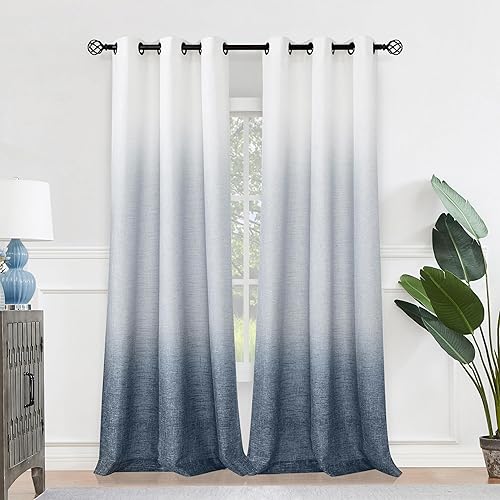Central Park Ombre Window Curtain Panel Linen Gradient Print on Rayon Blend Fabric Drapery Treatments for Living Room/Bedroom, Cream White to Indigo Blue, 40" x 84", Set of 2