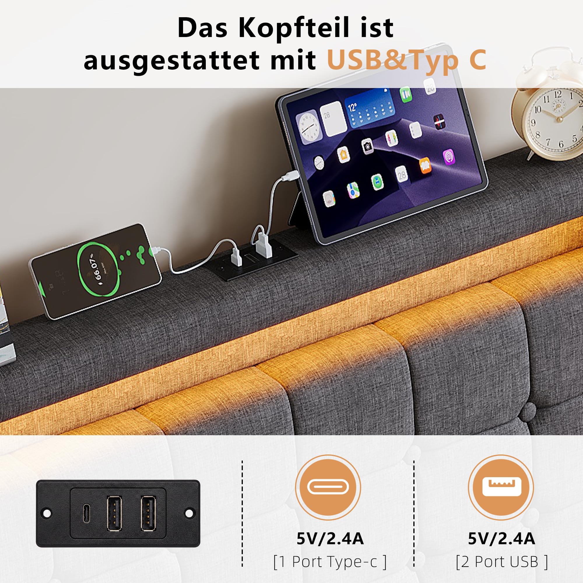 BRILVERDE Cama tapizada 160x200 con almacenaje, con 4 cajones, Cama matrimonial con Toma USB y luz LED, con cabecero y somier de láminas, Lino (Grigio, 160 x 200 cm)