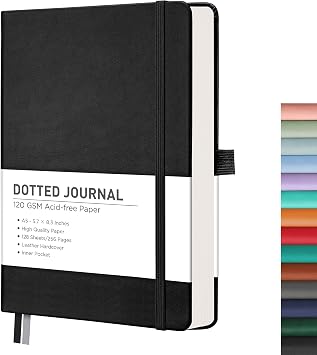 RETTACY Dotted Journal Notebook, 256 Pages, A5 Medium Size 5.7 8.3 | Leather Hardcover, 120 GSM Thick Paper, for Journaling, Planning, Tracking Black