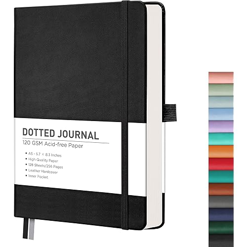 RETTACY Bullet Dotted Journal Notebook, 256 Pages, A5 Medium Size (5.7'' × 8.3''), Leather Hardcover, 120 GSM Thick Paper, for Bullet Journaling, Planning, Tracking (Black)