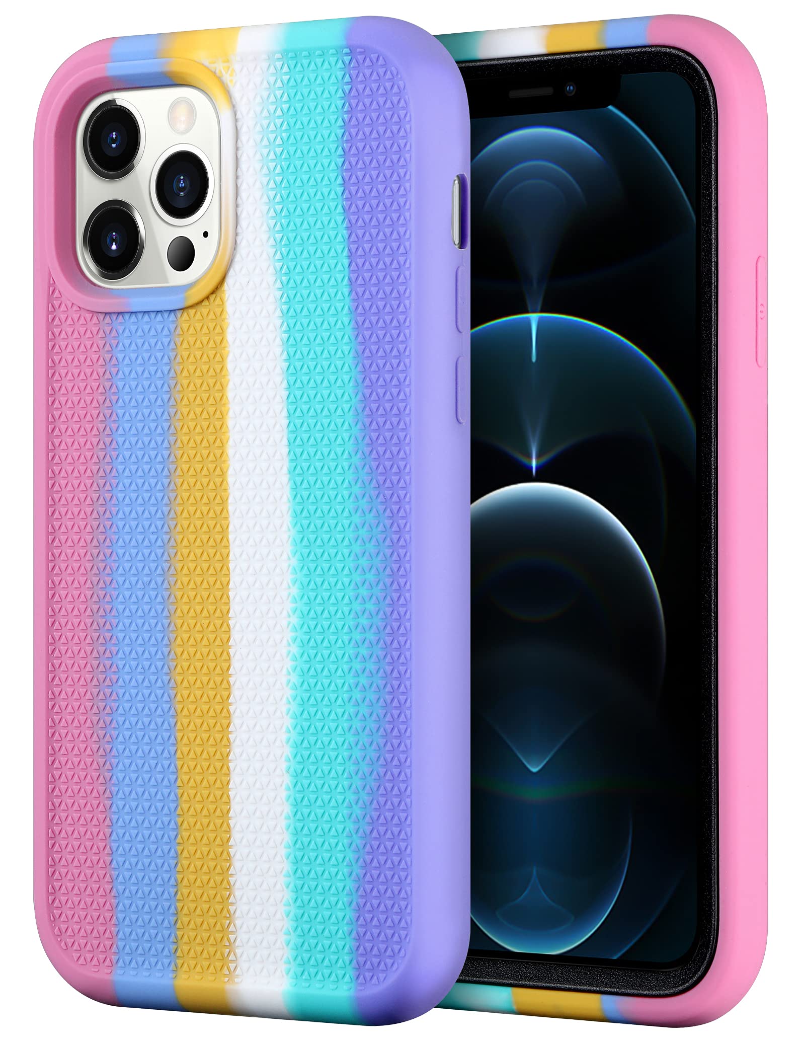 CHEERINGARY for iPhone 12 Case iPhone 12 Pro Case Protective Shockproof Heavy Duty Case for Men Women Full Body Protection Liquid Silicone Case for iPhone 12 iPhone 12 Pro 6.1 inch Rainbow Pink