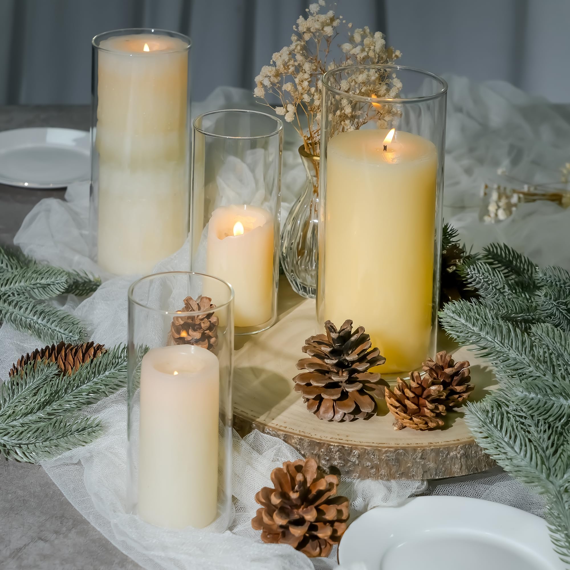 Romadedi Glass Hurricane Candle Holder: 3Pcs Pillar Cylinder Candle Holders Flower Vase for Pillar Floating Tea Light Candles for Wedding Party Table Centerpiece Decoration Living Room Home Decor - Image 4