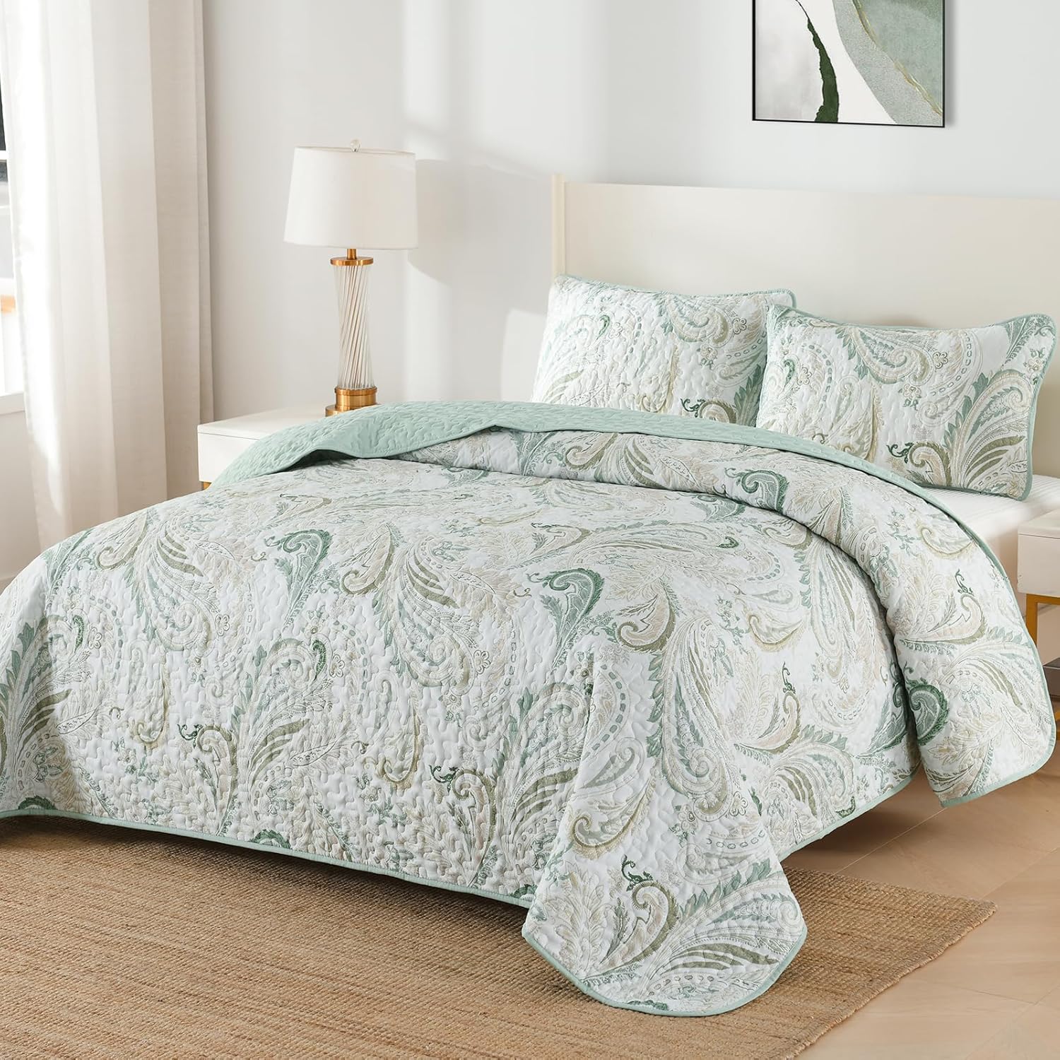 WONGS BEDDING Boho Quilt Set Queen,Sage Green Paisley Floral Pattern Bedspread Coverlet Set with 2 Pillowcases,Lightweight Microfiber Bohemian Quilt Bedding Set 96"×90" - Image 2