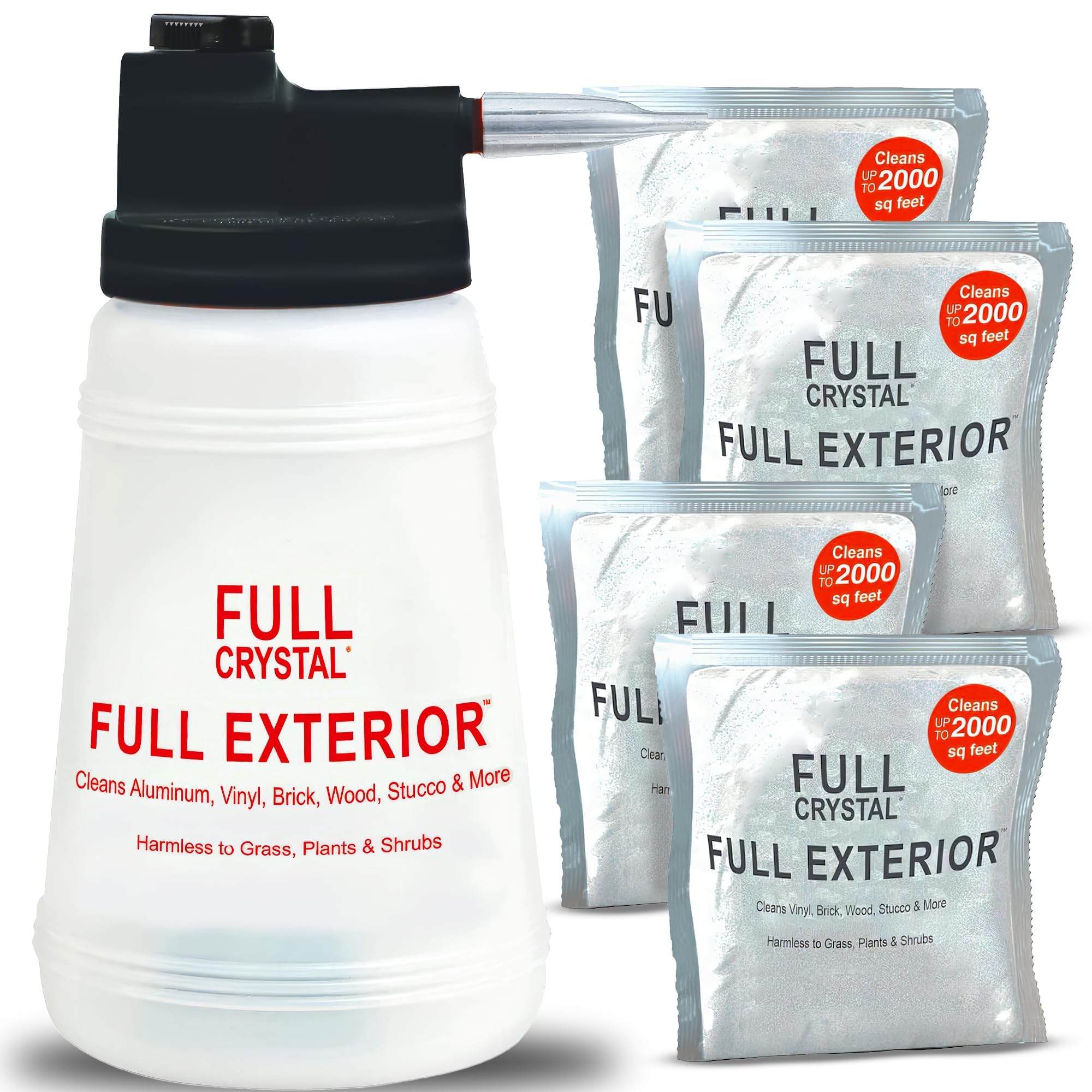 Full Exterior Kit - Bottle, Lid with Hose Attachment and 16oz (4 x 4oz). Crystal Powder Outdoor Cleaner : Non-Toxic, No Scrub, No Rinse Cleaning Kit -
