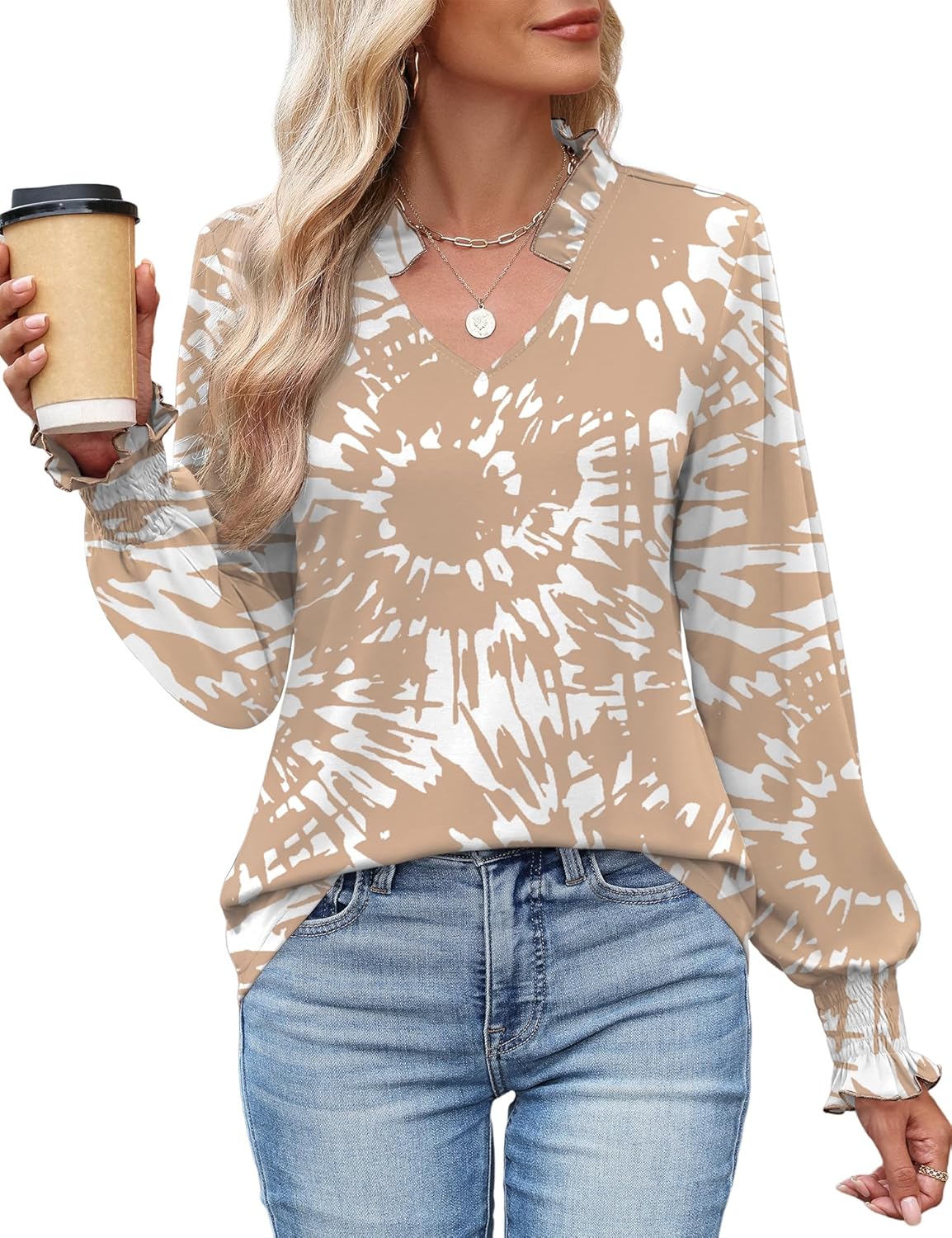 Kistore Long Sleeve Shirts for Women Pleated Cuffs Dressy Business Casual Blouses 2025 Trendy Puff V Neck Tunic Tops - Image 2