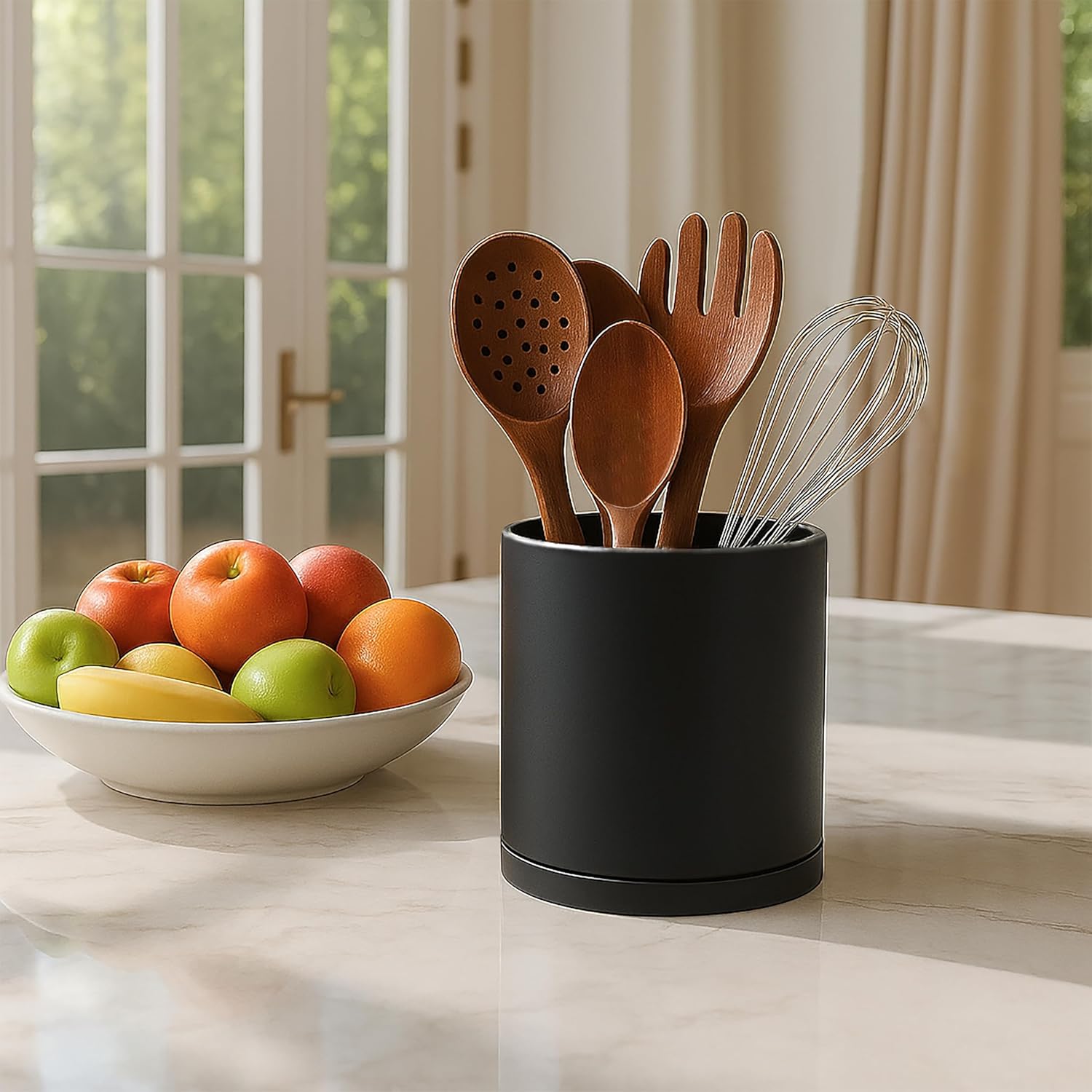 D'vine Dev 360° Rotating Utensil Holder – 5" Kitchen Utensil Crock for Countertop, Modern Cooking Tool Organizer for Kitchen Storage & Décor, Set of 2, Black, 72-Y-B-1