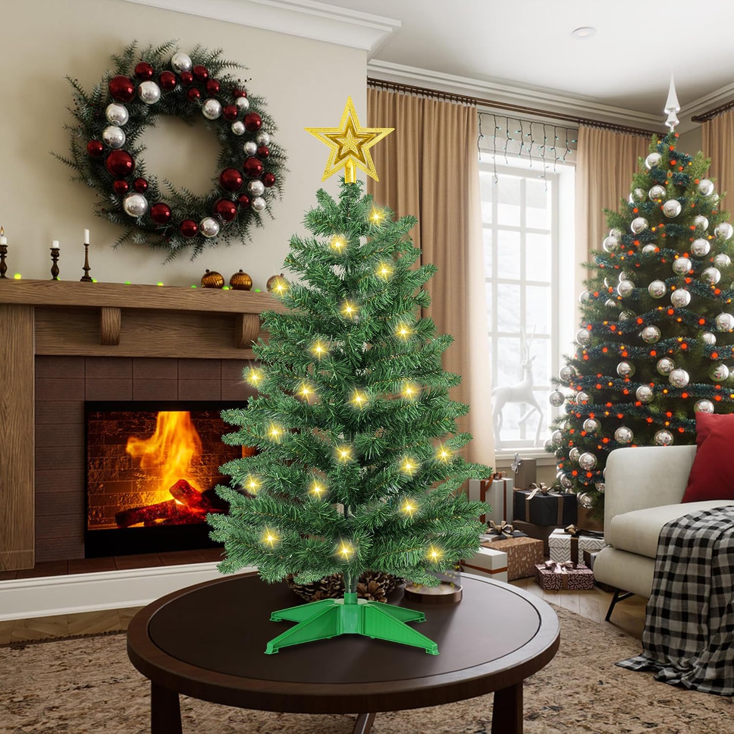 3 Feet Green Christmas Tree with Lights, 8 Modes Timer 50 Warm White Lights Battery Operated Small Artifical Full Christmas Tree for Indoor Home Office Tabletop Xmas Holiday Decorations
