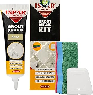 Tile Grout Repair Kit – Beige Grout Filler 14oz Pre-Mixed Tube, Fast Drying Grout Sealer for Bathroom, Shower, Kitchen, Floor Tiles – Includes Spatula & Sponge