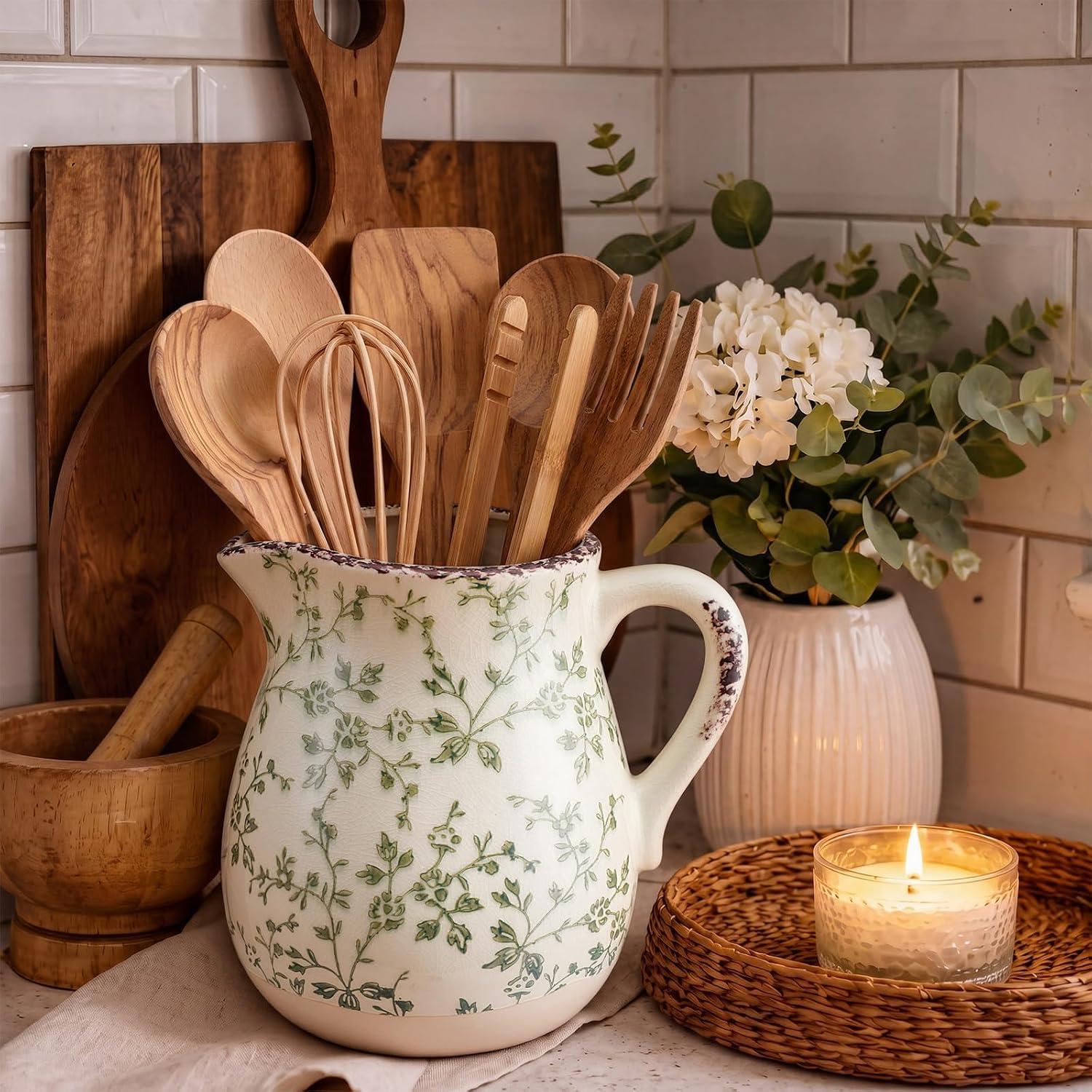 Qinyoung Floral Rustic Kitchen Utensil Holder 7 Inch Ceramic Utensil Holder with Handle Tuscany Vintage Crock Decoration Spatula Organizer for Kitchen Countertop Farmhouse Party Supplies