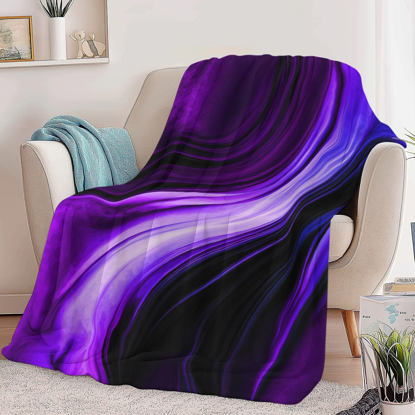 220 x 240 cm Manta de Franela Ultra Suave Líneas Elegantes Giratorias Abstractas Manta Multifuncional, Cálida para Todas Las Estaciones Violeta, Deal como el Mejor Regalo para Familia y Amigos