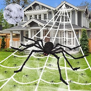Halloween Spider Web Decorations Outdoor - 200" Triangular Spider Web 78" Giant Spider for Indoor Outdoor Yard Home Haunted House Haunted Garden Lawn Creepy Outside Decor