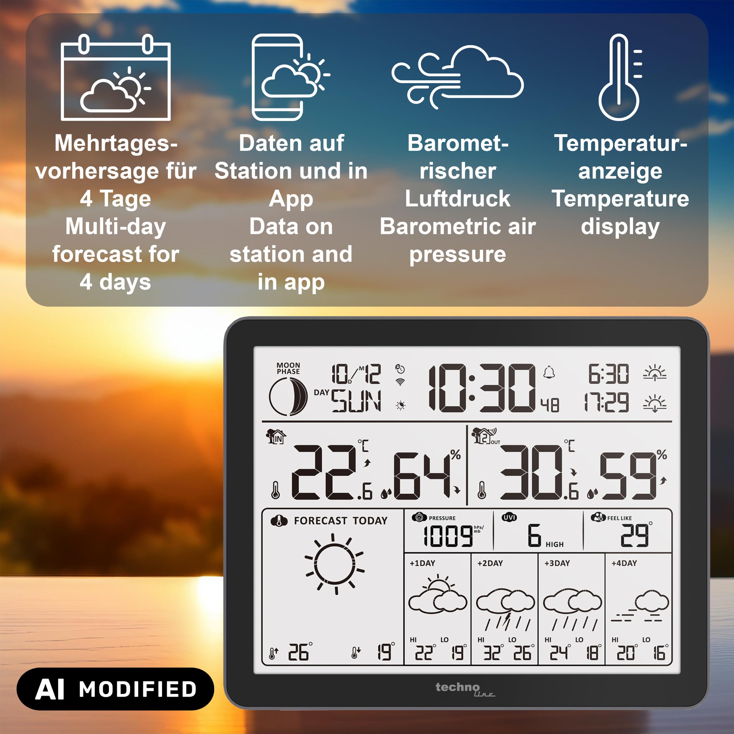 WD3000 - Stazione meteo con 4 giorni previsioni meteo, incluso trasmettitore esterno, dati sulla stazione e sul cellulare (app direct weather)