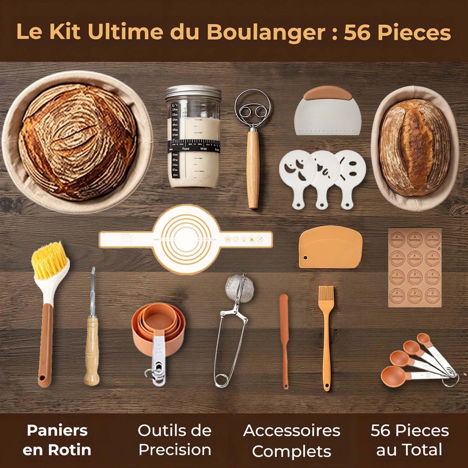 Banneton Pour Pain kit fermentation au levain ensemble d'outils pour la fermentation et la cuisson du pain 56 pièces pour débutants