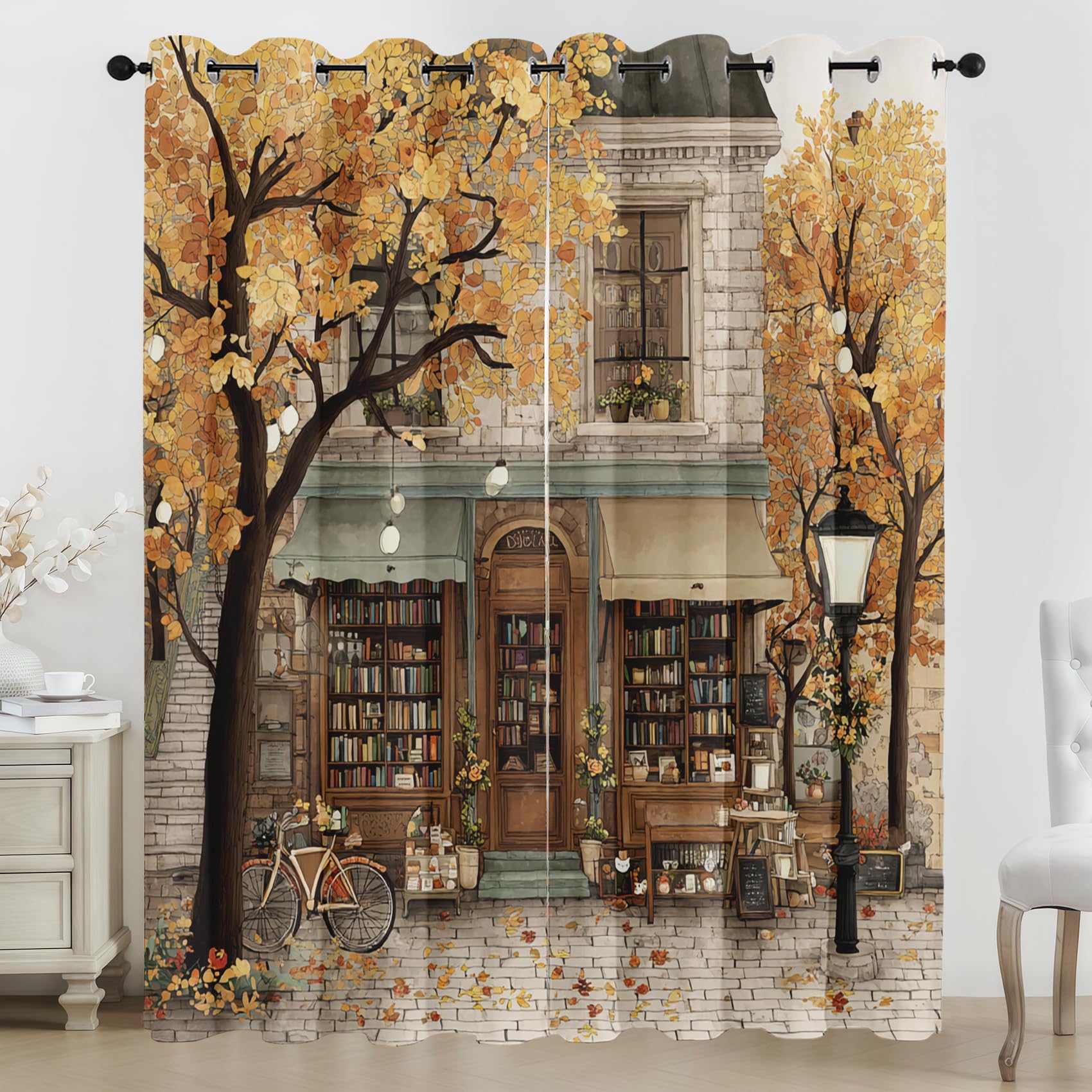 Generisch Europäische Architektur Vorhänge Herbst Straßenszene Vorhang Blickdicht, Gardinen mit Ösen 2er Set, Thermovorhang für Wohnzimmer Schlafzimmer Fenster Deko H 245 x B 140 cm K272p