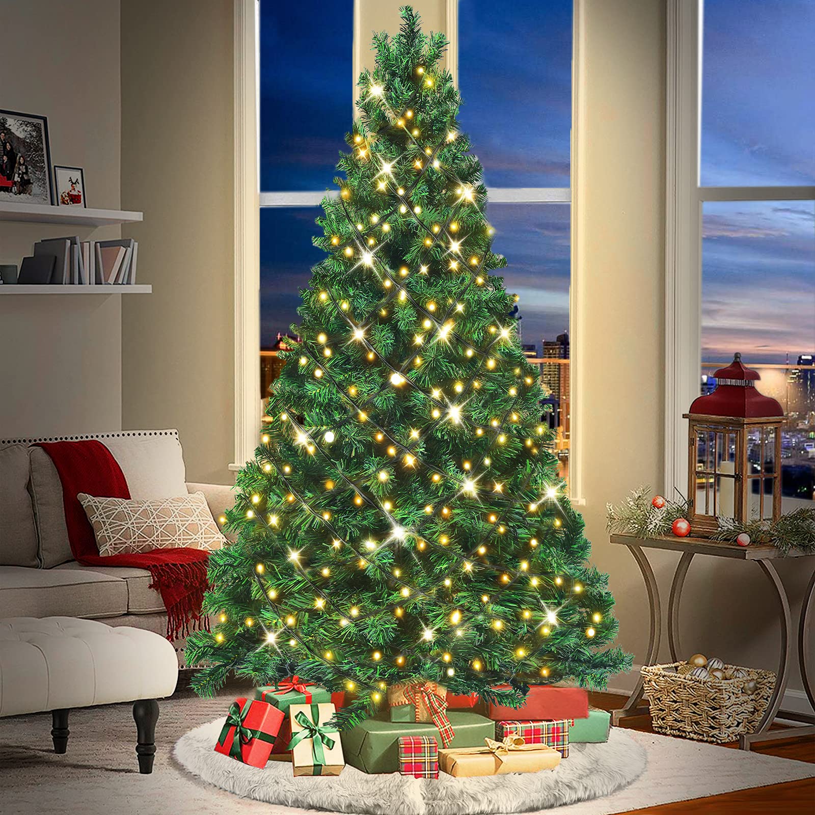 HENGMEI PVC Árbol de Navidad Artificial con Iluminación 210 cm LED con Soporte Decoración de Navidad (210 cm 350 Luces)