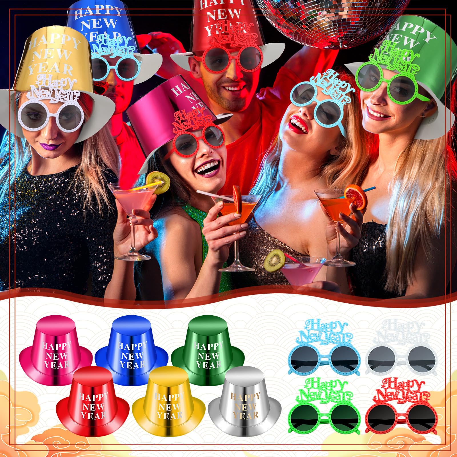 Hungdao 108-teiliges Partyzubehör mit Aufschrift "Happy Year", 36 Partyhüte, 36 bunte Gläser, 36 bunte Gebläse, Geräuschmacher für den Jahresabend, Party-Dekorationszubehör