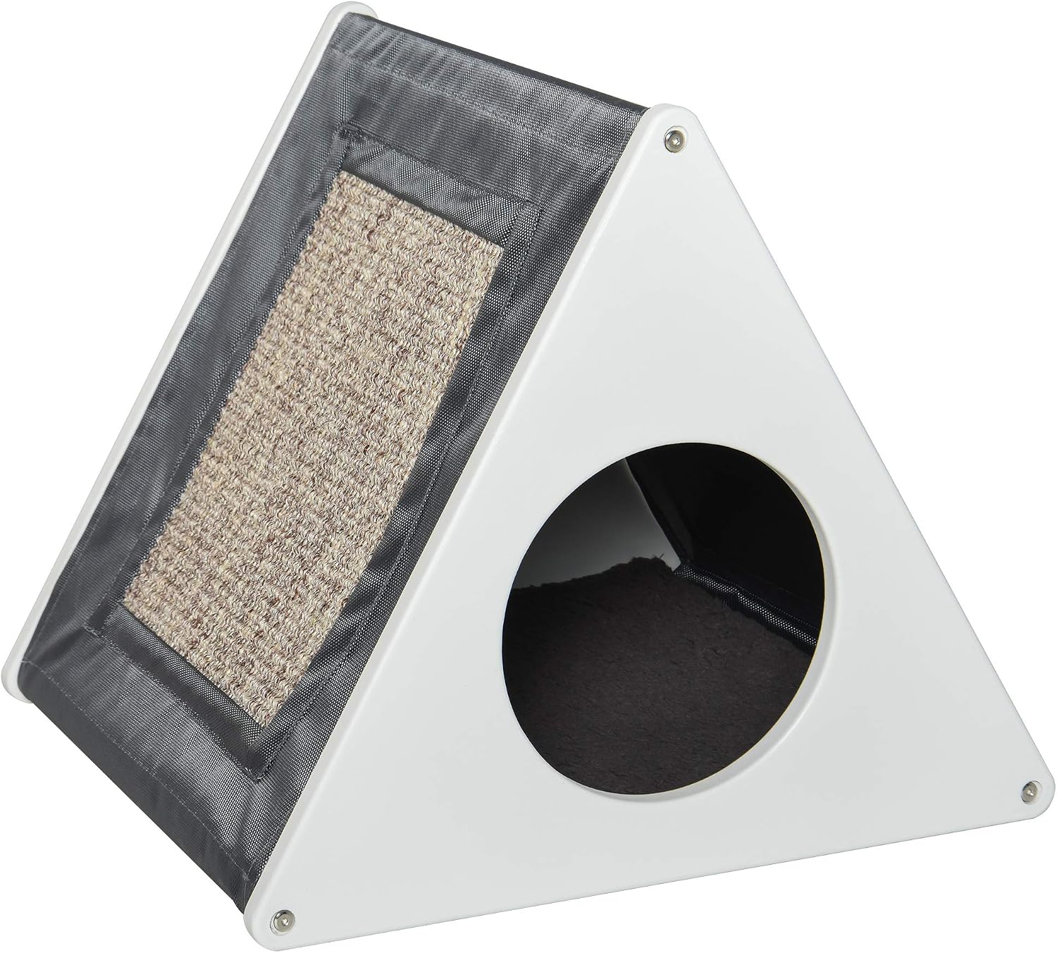 PawHut Wooden Cat House Triangle Shaped Bed Kitten Condo with Removable Cushion, Sisal Scratching Carpet, Grey and White