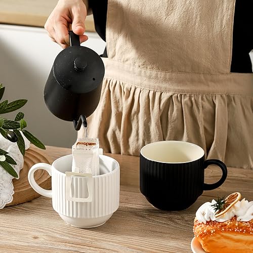 Miniatura 6 de Tazas de café de cerámica con soporte, juego de 4 tazas de café apilables de 15 onzas para café con leche, capuchino, moca, cacao, tazas de café