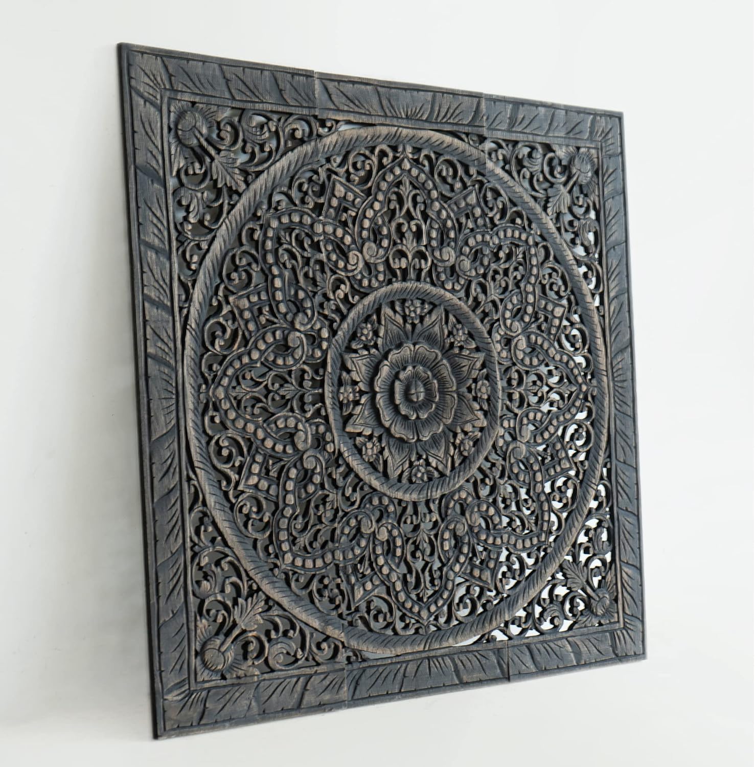 Black Wash Single Bed Headboard, Hand Carved Reclaim Teak Wooden Panels, Wood on Wall Art Hanging, Handmade in Thailand, 36 inches