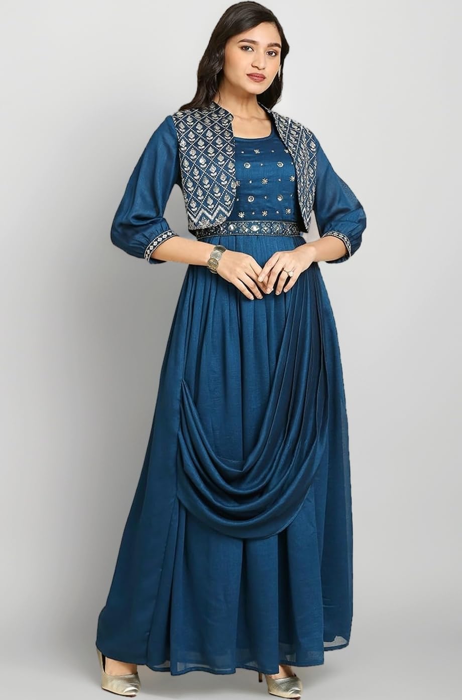 madhuram Women's Long Gown for Solid Silk with Heavy Embroidery and Hand Work Belt and Jacket with Round Neck Gown(M-2424)