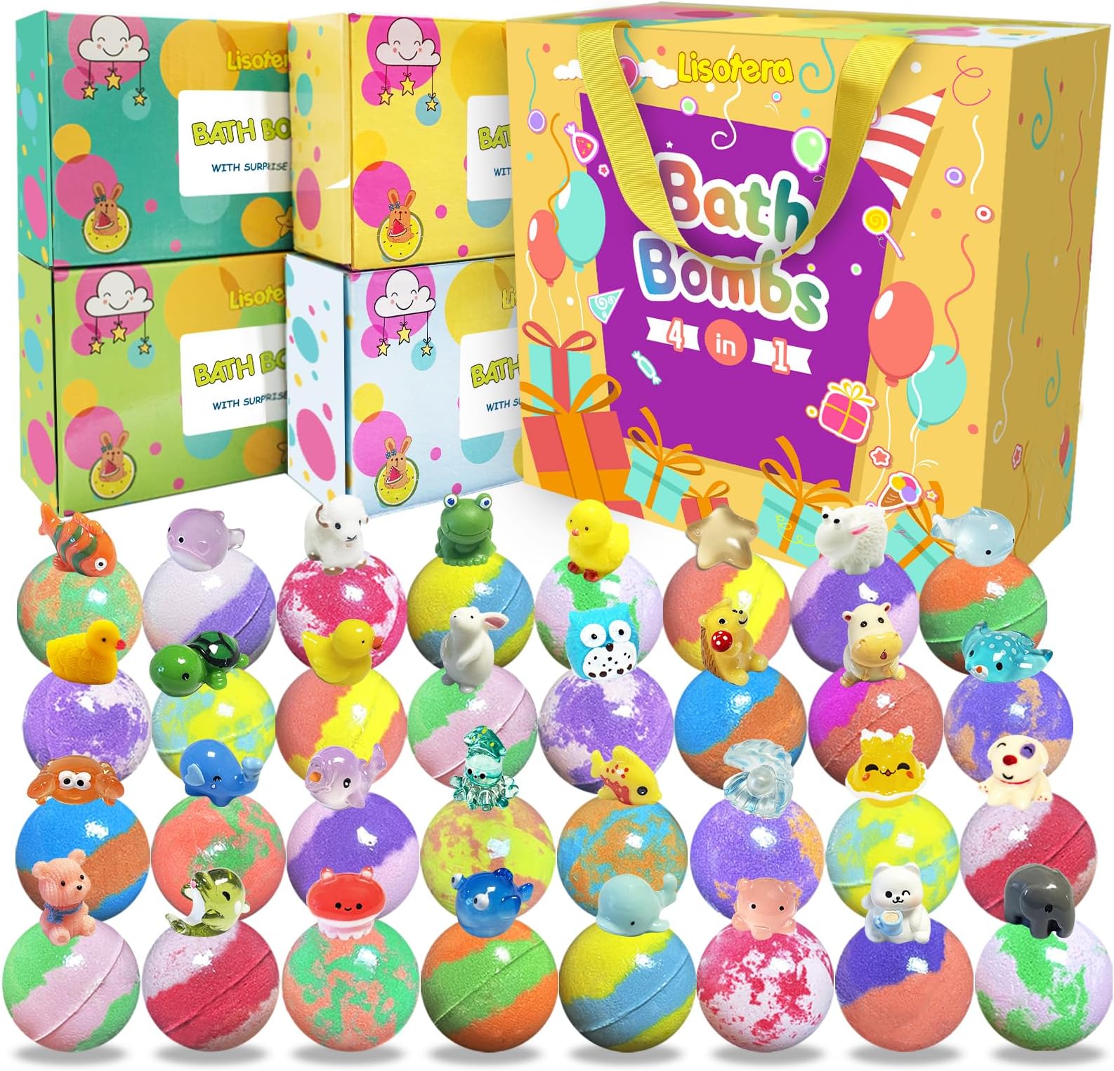 Bath Bombs for Kids with Surprise Inside, 32 Pack Kids Bath Bombs with Land & Sea Animal Toys, Girls Boys Easter Gifts, Handmade Fizzy Bubble Children Bath Ball Gift Easter Basket Stuffers, Birthday