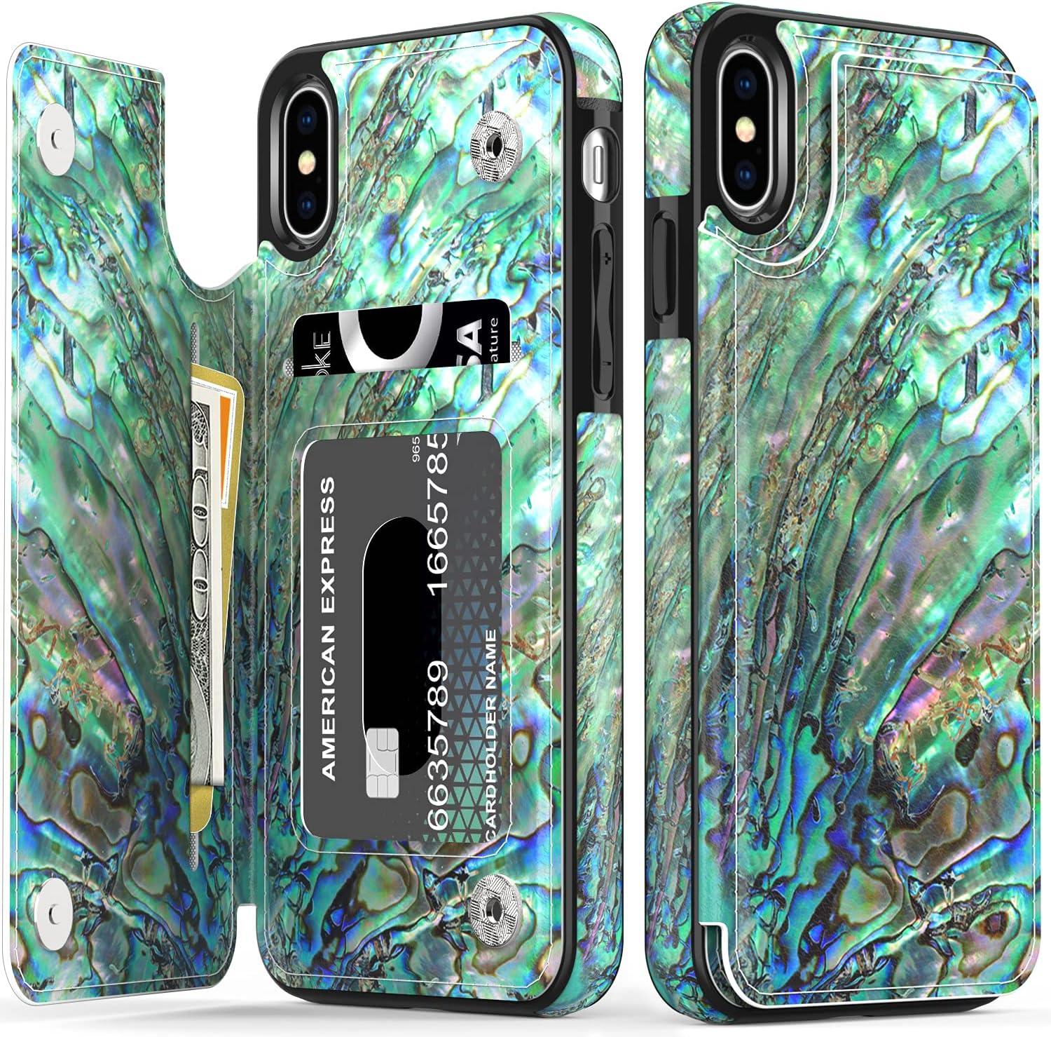 LETO iPhone X Case,iPhone Xs Case,Leather Wallet Case with Fashionable Flower Designs for Girls Women,Flip Folio Cover Kickstand Card Slots,Protective Phone Case for iPhone X/Xs Green Oyster Shell