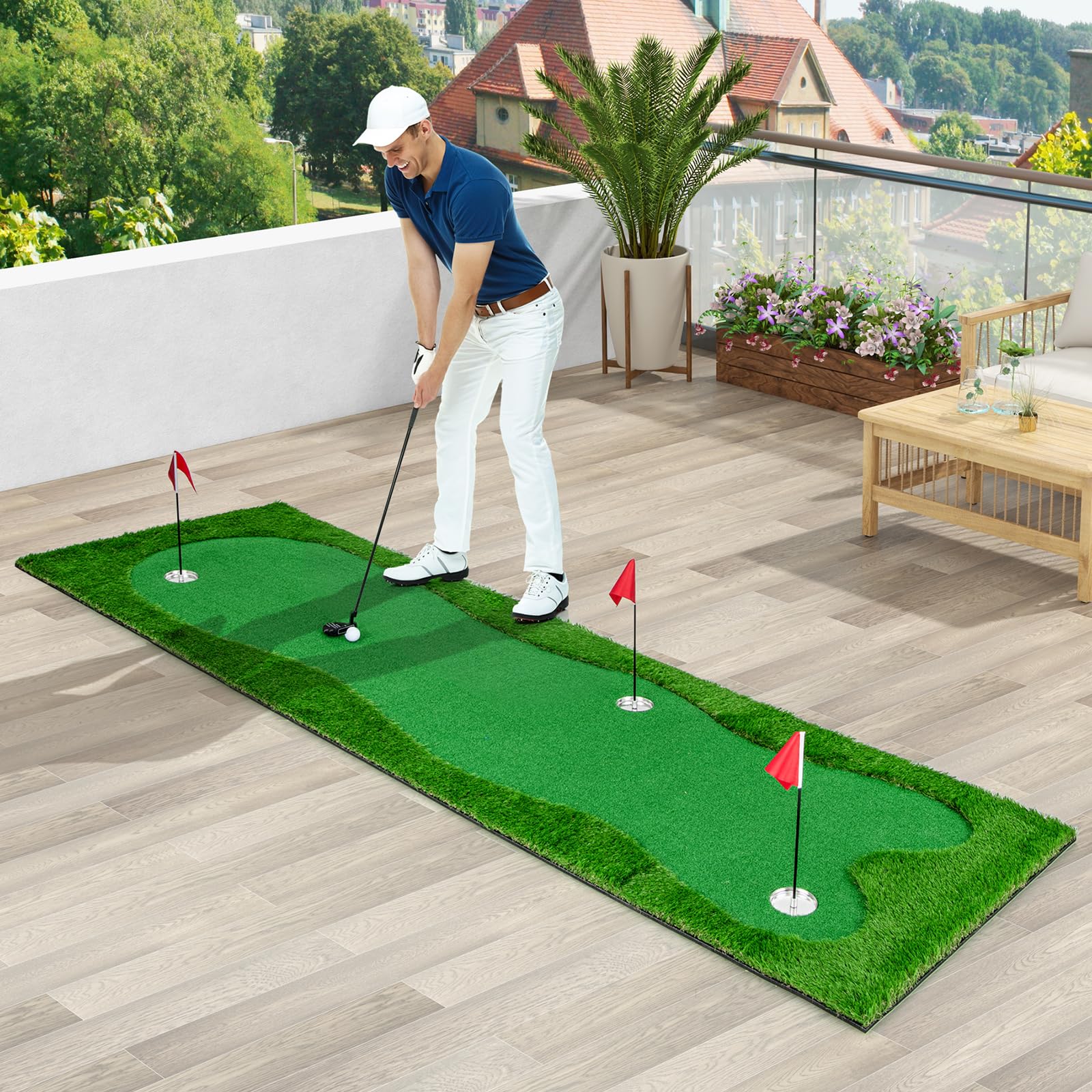 GOPLUS - Alfombra de Golf para Putting (3 x 1 m), Gran Alfombra de Entrenamiento de Golf, 3 Agujeros, 3 Copas y Banderas de Ayuda al Entrenamiento, Interior Exterior