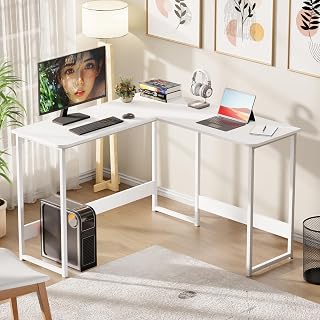 Lukzer Engineered Wood L-Shaped Corner Study and Computer Laptop Table for Home or Office | MST-007/White & White | Multi-Functional Sturdy Gaming Station and WFH Desk with Metal Frame - Amazon product rated Grade A
